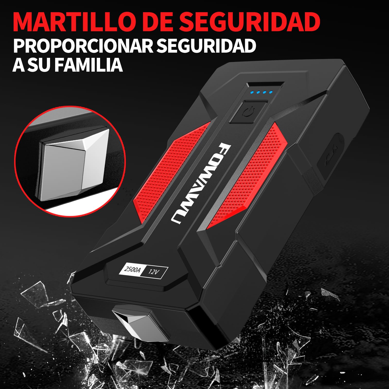 FOWAWU Arrancador de Coches 6000A 22800mAh Arrancador de Baterias de Coche Portátil para Motor 9,5L Gasolina o 7,5L Diesel con luz LED y 2 Puertos USB de Carga rápida