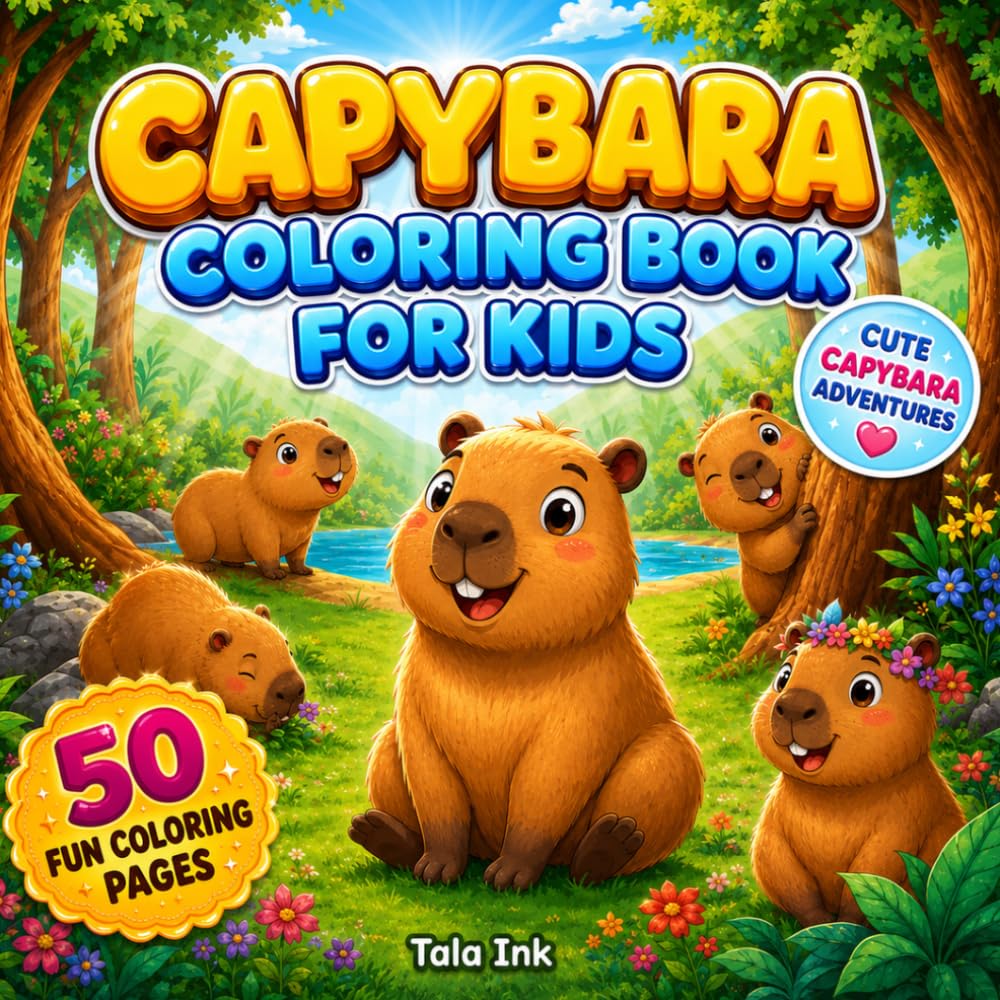Capybara Coloring Book For Kids: 50 Cute and Cozy Coloring Pages Filled with Fun Animal Adventures and Relaxing Scenes