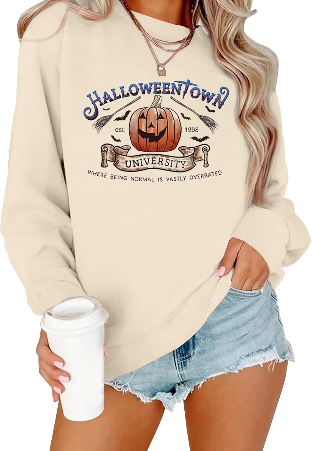 Halloween Sweatshirt for Women Cute BOO Graphic Shirt Crewneck Embroidered Ghost Pullover Sweater Tops