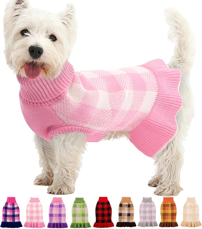 Vestido Suéter Xadrez de Tricô para Cães Pequenos KAMA BRIDAL Rosa e Branco 2XS