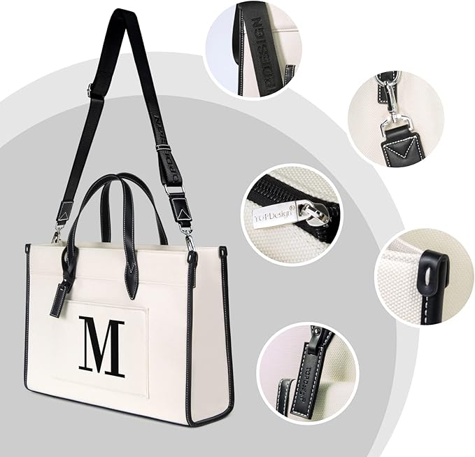 TOPDesign Initial 15.6" Laptop Tote Bag for Women, Personalized Canvas Work Purse, Business Briefcase & Office Handbag