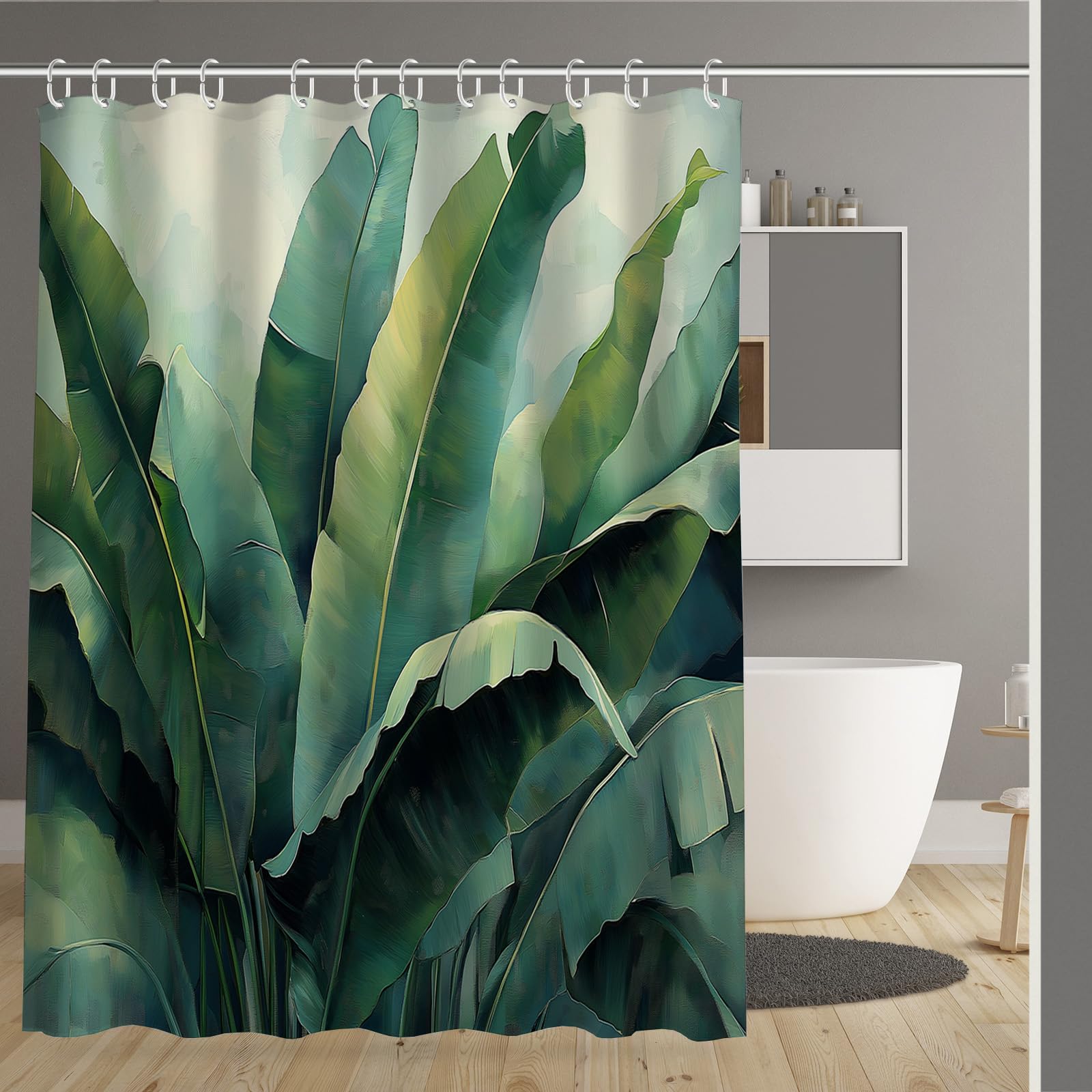 Rideau de douche anti éclaboussures en polyester lavable motif feuilles de jungle