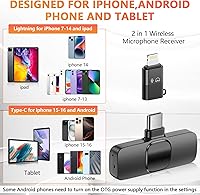Vista 2 de Micrófono inalámbrico para iPhone, teléfono Android, portátil, paquete de 2 micrófonos Lavalier para grabación de video, micrófonos mini con Negro