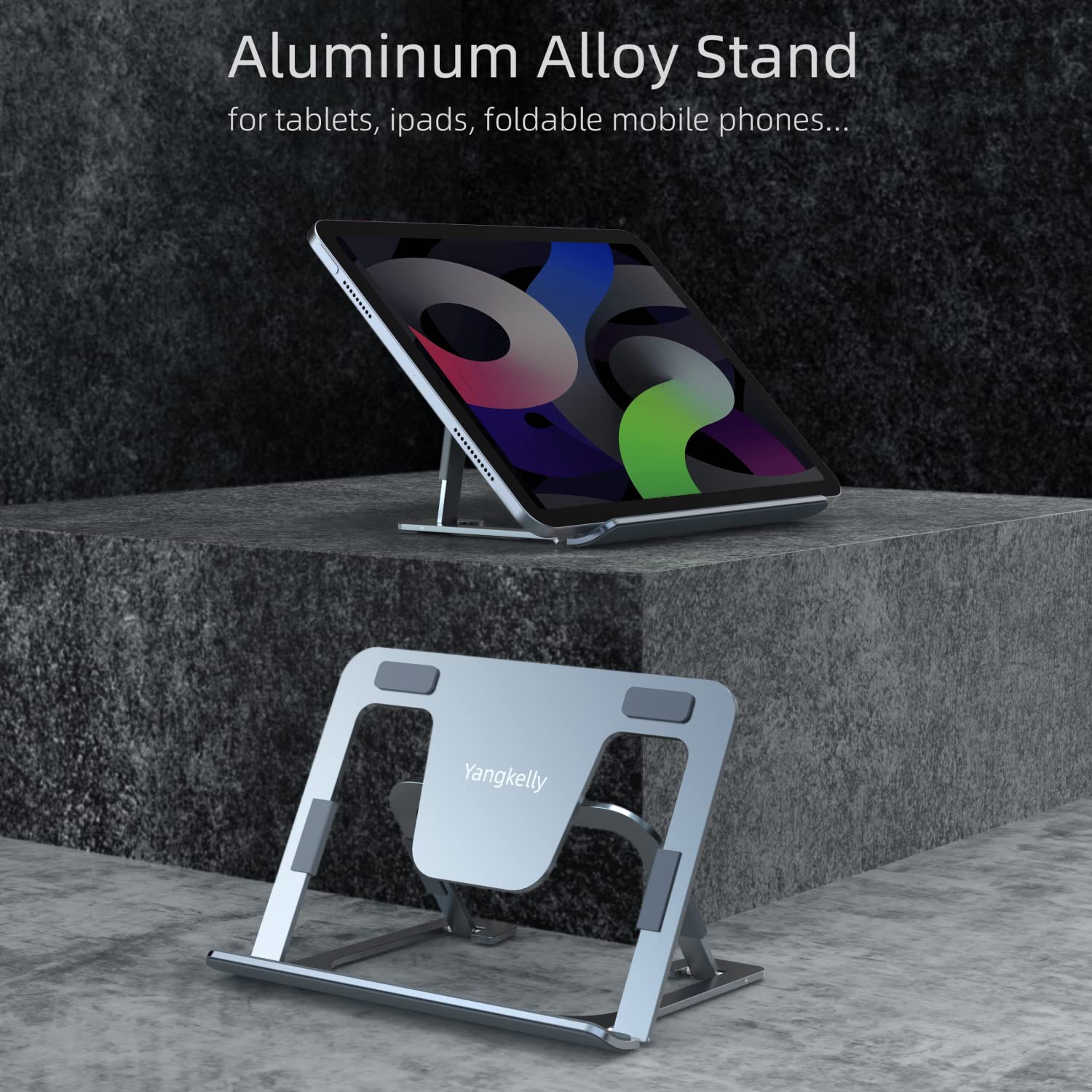 Yangkelly Stojak na tablet, składany i regulowany, uchwyt na biurko ze stopu aluminium, stojaki do iPada 7 do 12,9, składane telefony komórkowe, powierzchnie itp. (Space Gray)