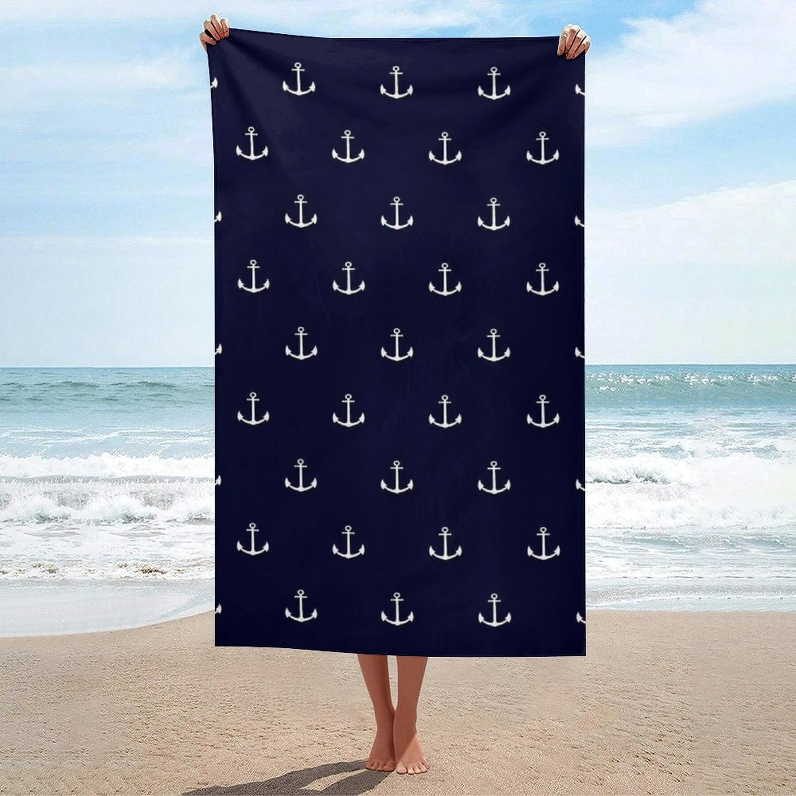 LEDFCVSU Beach Towel, Nautical Themed Simple Anchors Bath Towel, Absorbent Towel for Swimming, Sports, Travel