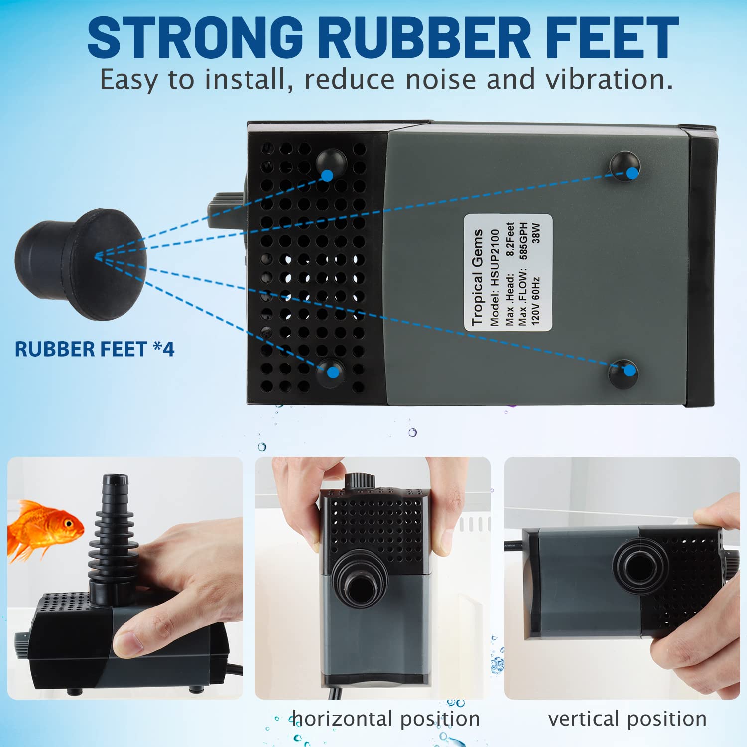 WaterRebirth HSUP-2100F - Bomba de agua sumergible con chorros de fuente - Bomba de estanque - Bomba de acuario - Bomba de fuente de plástico negro - 555 GPH, 780 L/H, 110 V, electrónica, exterior