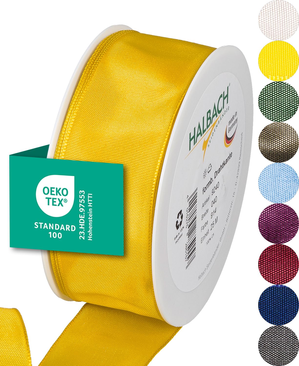 Halbach Seidenbänder Premium Geschenkband mit Drahtkante | Breite 40mm Länge 25m | Öko-Tex 100 zertifiziertes Schleifenband | Taftband Made in Germany, Farbe: gelb