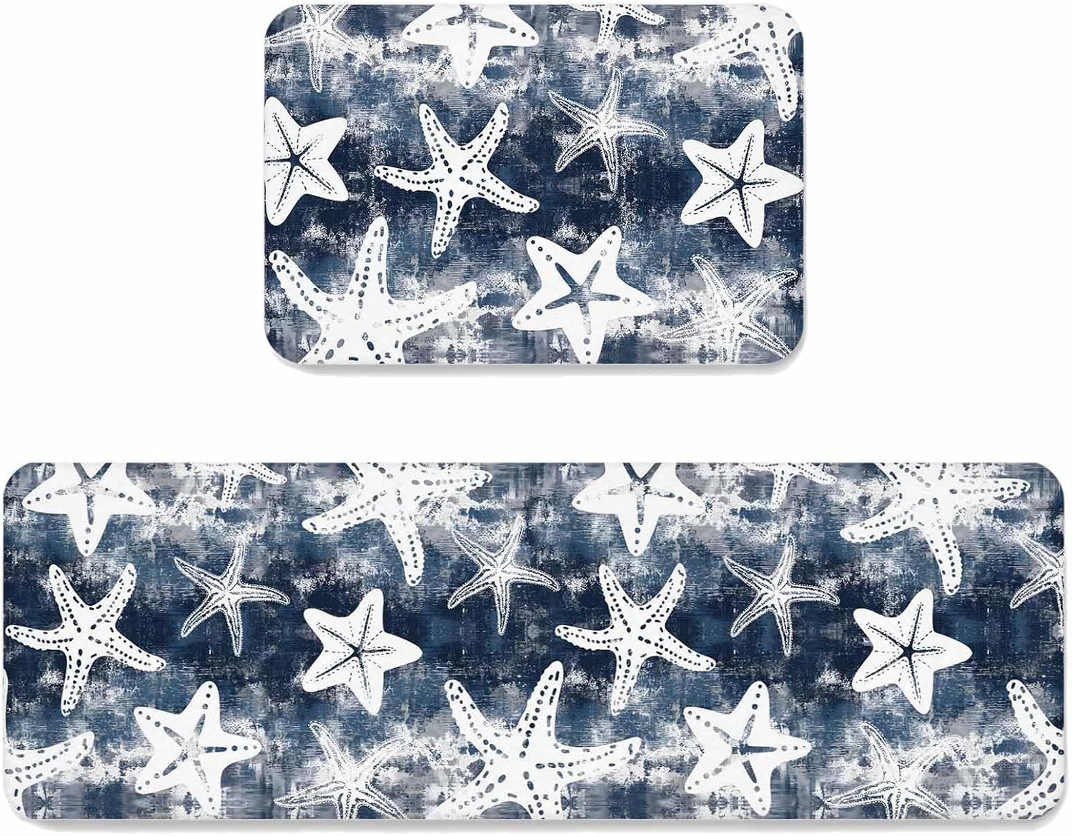 Prime Leader Ocean Starfish Kitchen Mat Set 2 Pieces Summer Beach White Sea Stars Navy Blue Non Slip Kitchen Rugs Washable Runner Rug Mats for Floor Sink Laundry Office 19.7" x 31.5"+19.7" x 63"