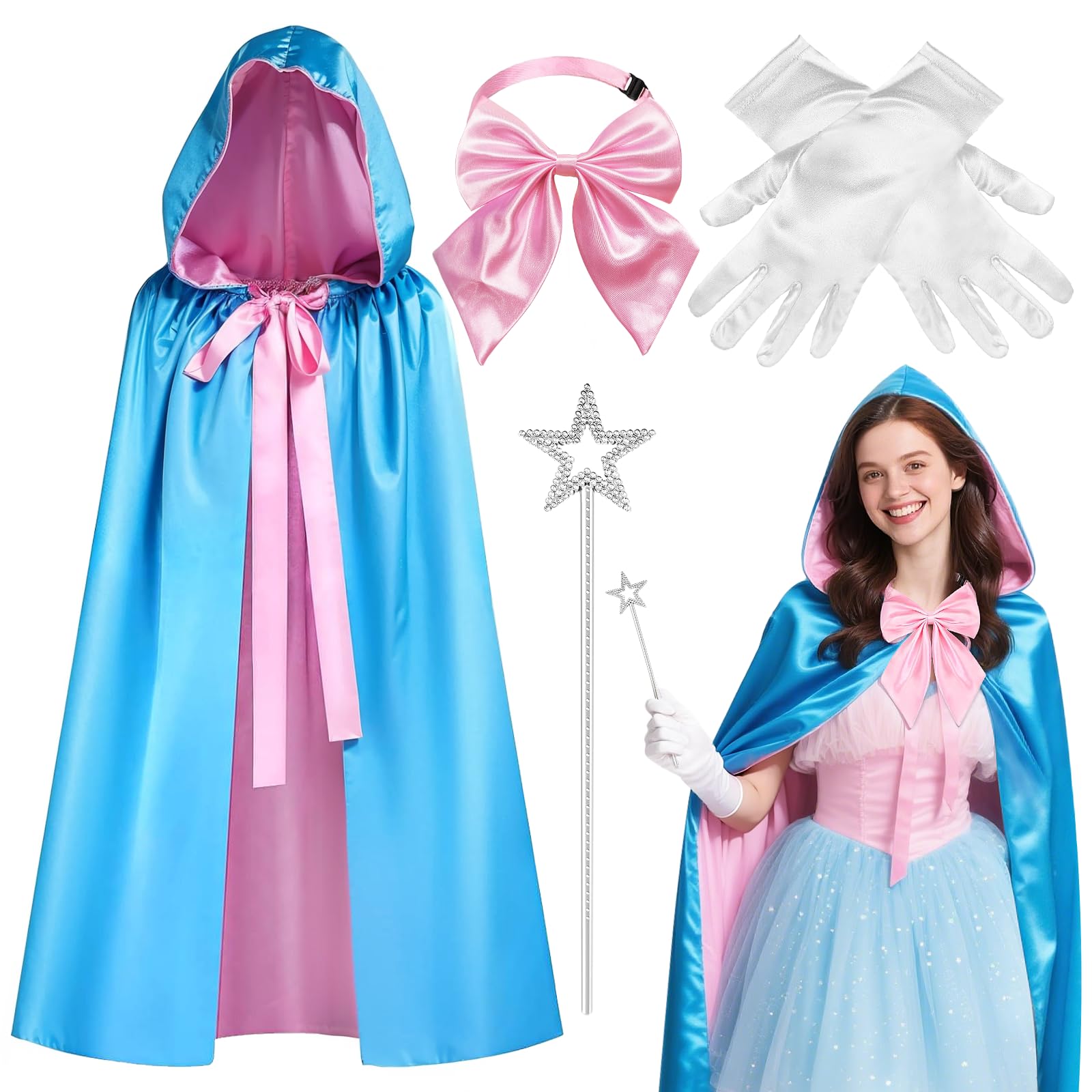 4 Pcs Fairy Godmother Costume Set for Women, Adult Fairy Princess Costume Accessories with Blue Fairy Hooded Cape Gloves Wand Bow Tie for Party Cosplay Dress Up