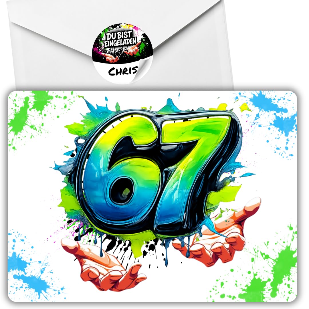 celebr8te 12x Grün/Weiß 67 Einladungskarten – Teenager & Kindergeburtstag für Jungen & Mädchen – coole Urban- & Graffiti Einladungen +12 Umschläge +12 Sticker