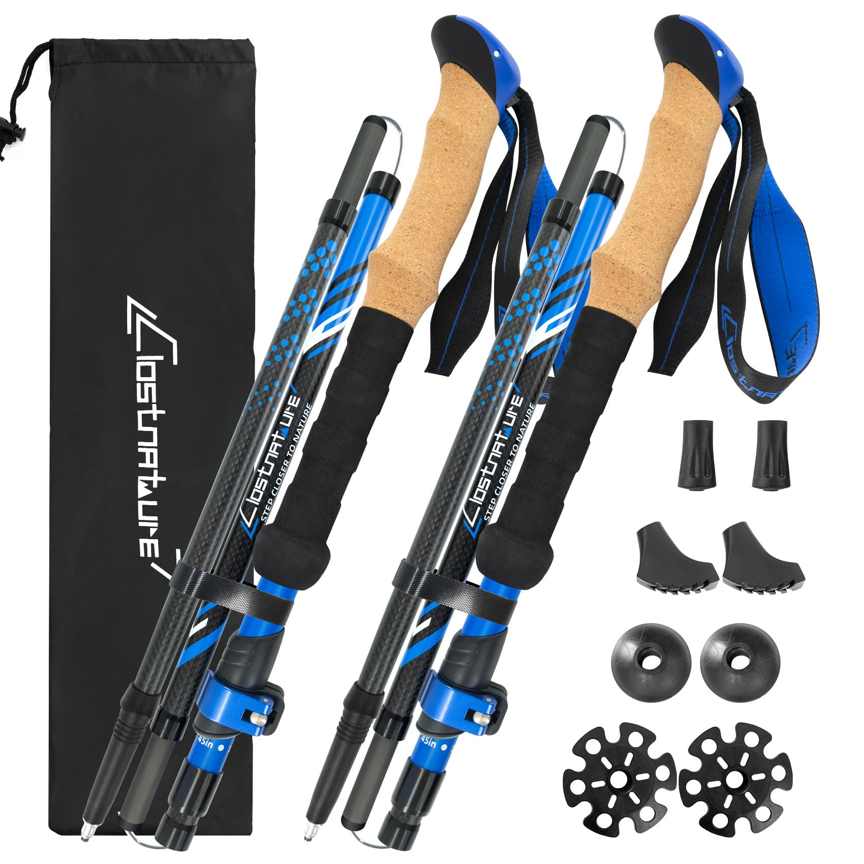 Clostnature Bastones de Senderismo Plegables - Bastones Trekking de Fibra de Carbono, Juego de 2, Ajustables 115-135 cm, Sistema de Bloqueo Rápido, Palos de Senderismo Ultraligeros y Resistentes