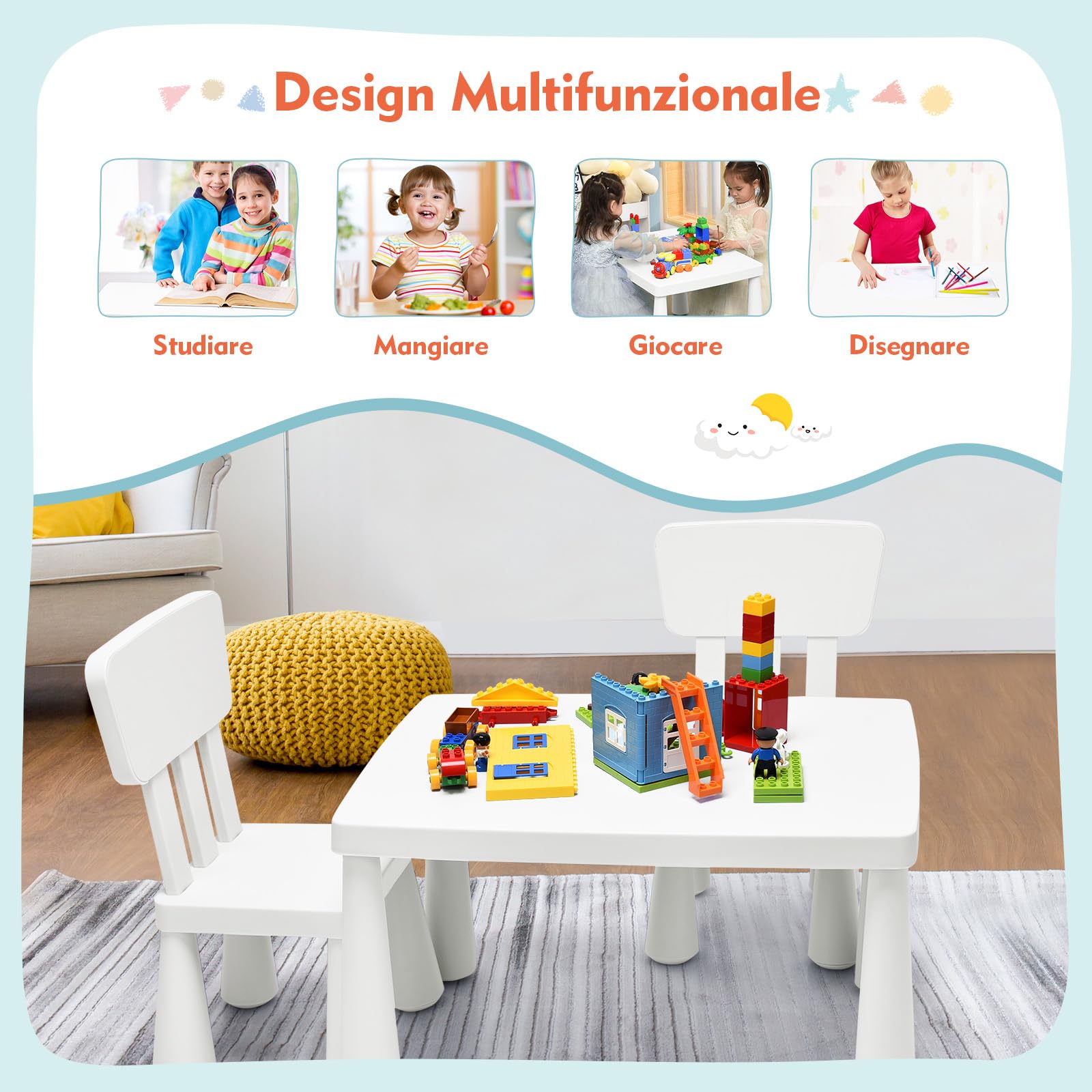 RELAX4LIFE Mesa y Silla Infantil de PP, Mesa Infantil con 2 Sillas, Respalda Ergonómica y Bordes Redondeados para Escribir, Leer, Jugar y Comer, Mesa Infantil con Sillas para Niños 1-7 Años (Blanco)