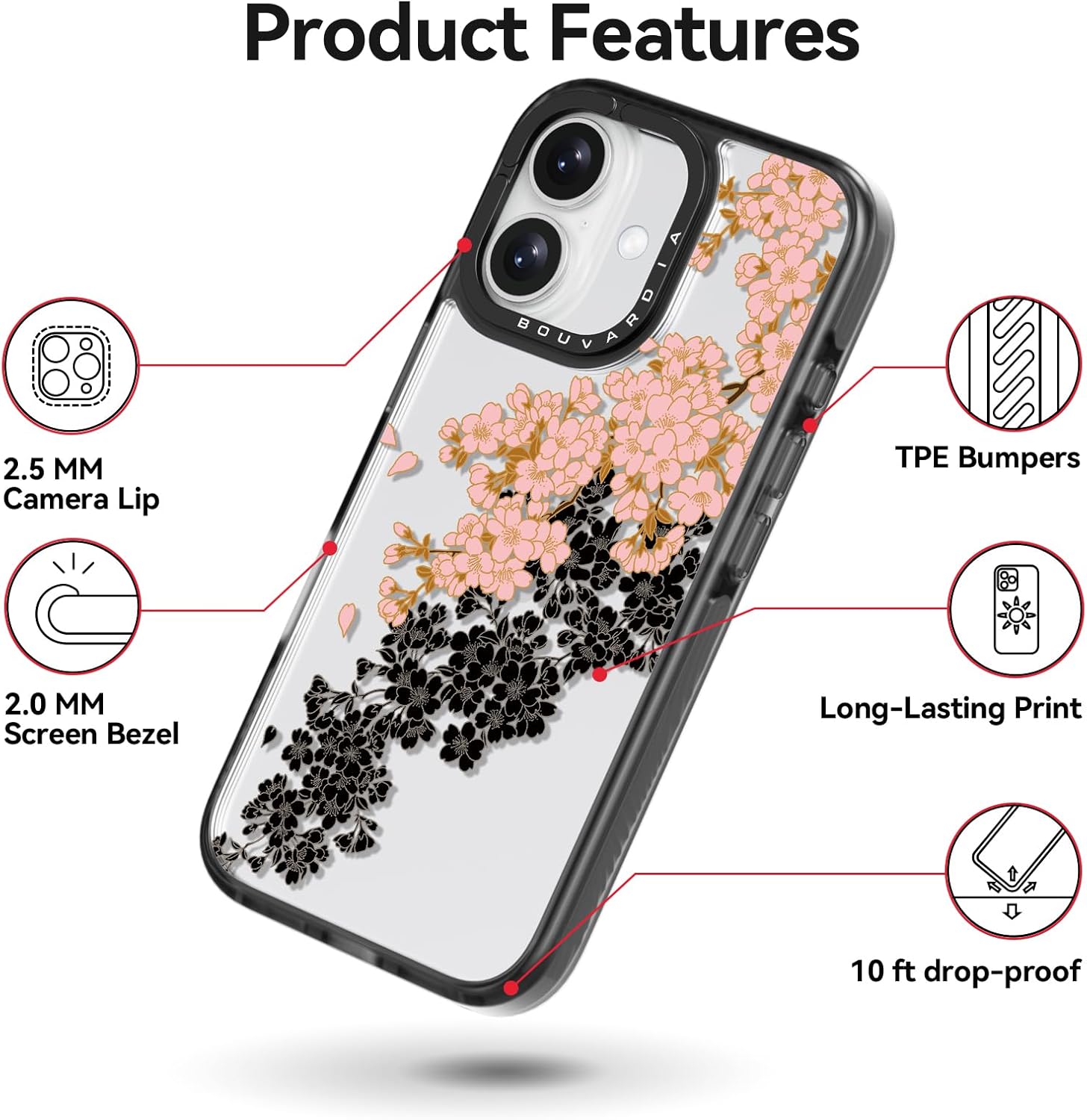 Bouvardia for iPhone 16 Case, Cute Design for Women & Girls, Protective & Aesthetic, Floral Theme - Sakura (Gray Bumper) - Image 5