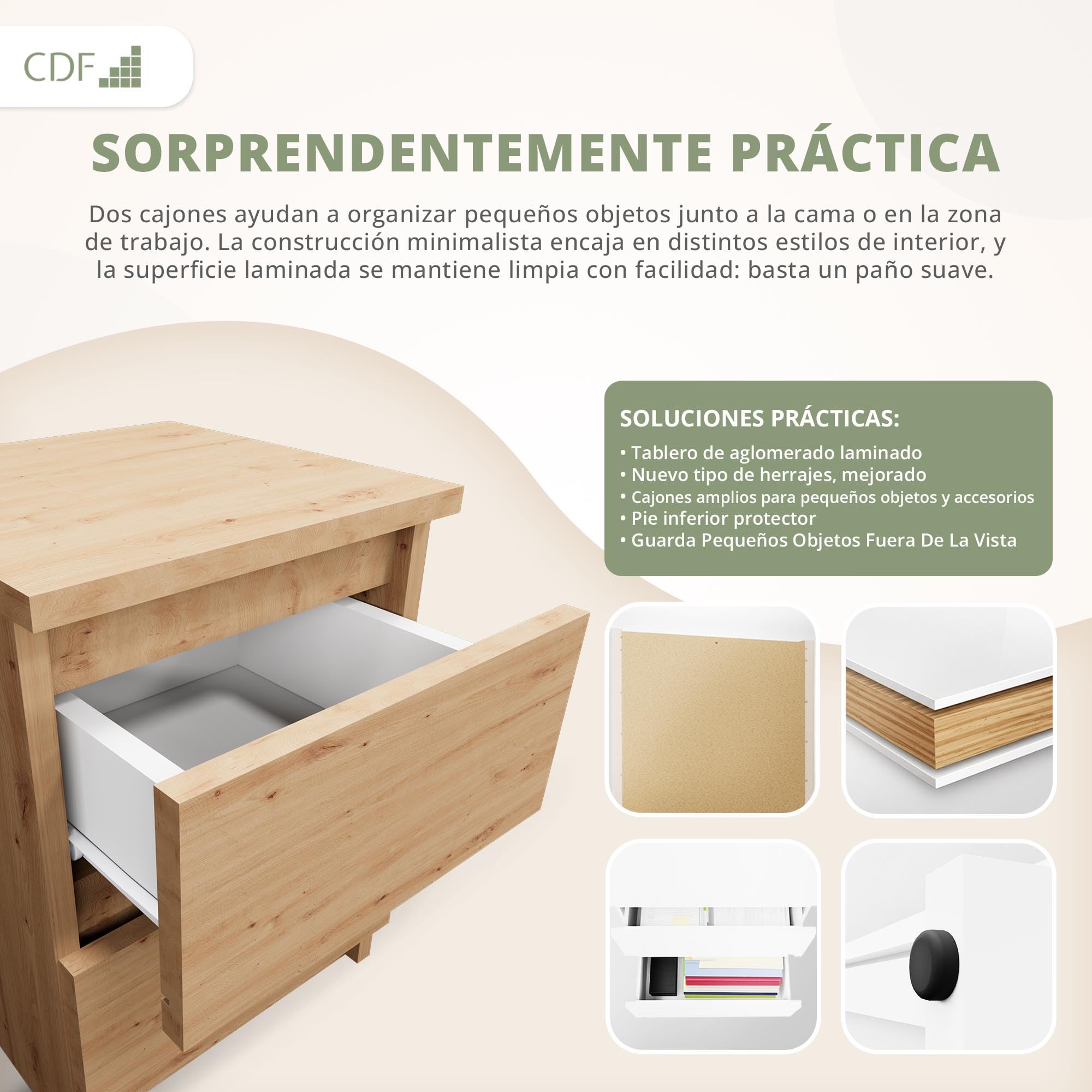 CDF Mesita Mesa Mesilla de Noche con 2 cajones Auxiliar Junto Cama Mueble de Dormitorio Salón Oficina Estilo Moderno Gabinete Organización Espacio Tamaño Compacto - M2 30cm Roble Artisan