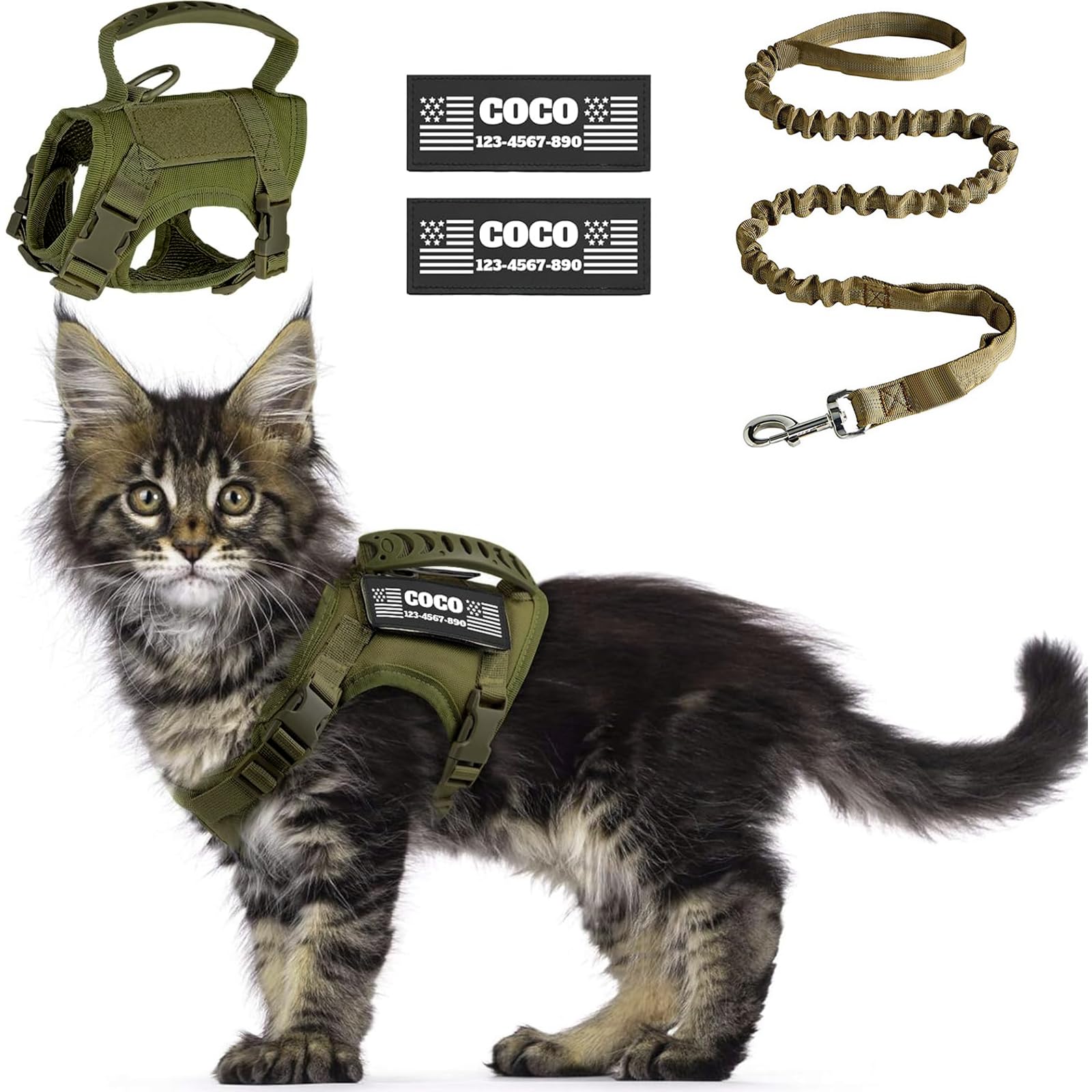 Tactical Cat Harness, Escape-Proof for Walking with Personalised Patches - Adjustable Cat Harness for 8-20lbs, Escape-Proof - Soft Vest for Large Cats with Optional Leash (Green)