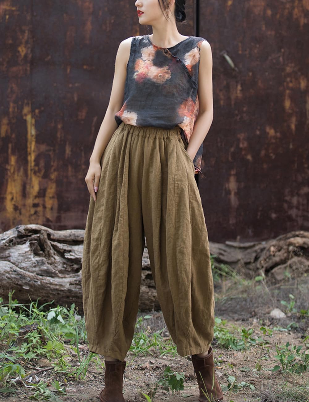 Women Baggy Pants Cotton Linen Wide Leg Elastic Waist Pumpkin Style W 3/4 Length Cropped Pants