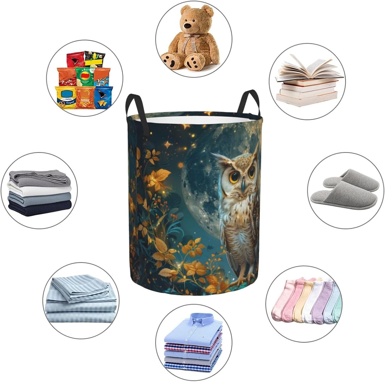 Beautiful Owl Laundry Hamper Round, Large Canvas Fabric Lightweight Storage Basket Toy Organizer Beautiful Owl Dirty Clothes Collapsible Waterproof Dirty Clothes Hamper For Bedroom,Medium