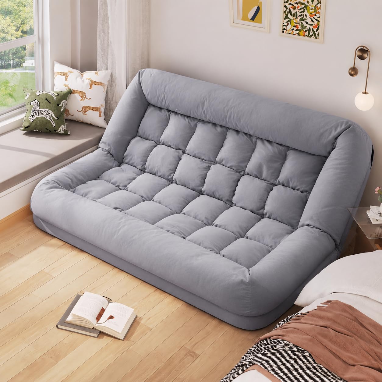 Bodensofa Schlafsofa, Textil Couch mit Schlaffunktion 180x130cm, 5-Fach verstellbar, inklusive 2 großer Kissen, Grau