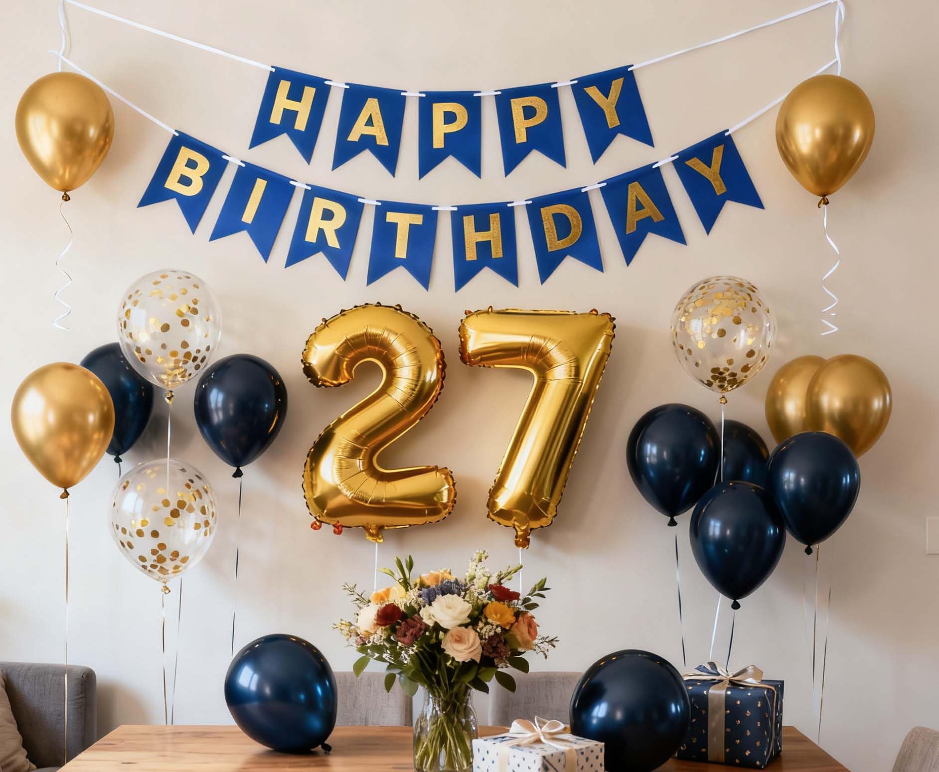 27th Birthday Party Decorations Navy Blue, 27th Blue Happy Birthday Banner Number 27 Foil Confetti Balloons for 27 Year Old Men Him Her Boyfriend Birthday Party Balloons Supplies(27th)