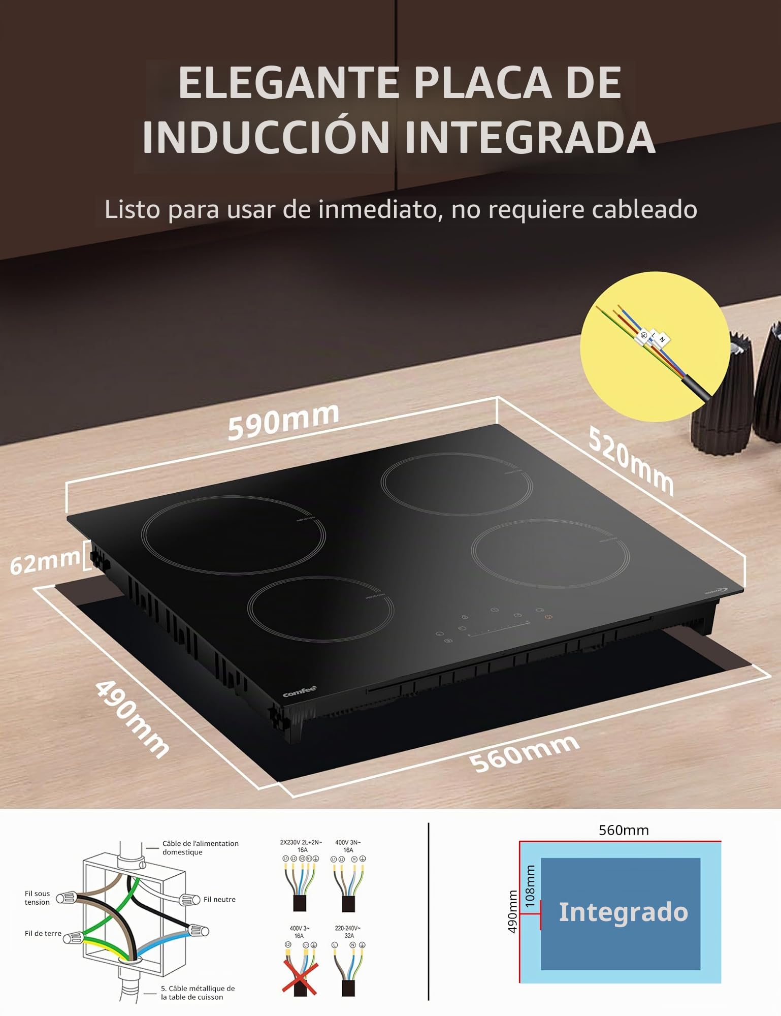 COMFEE' CIH741F238K0 - Mesa de cocción de inducción (7200 W, con 4 quemadores, 9 niveles de potencia, superficie de calentamiento ampliado del 20% con función Boost, control táctil, seguridad para