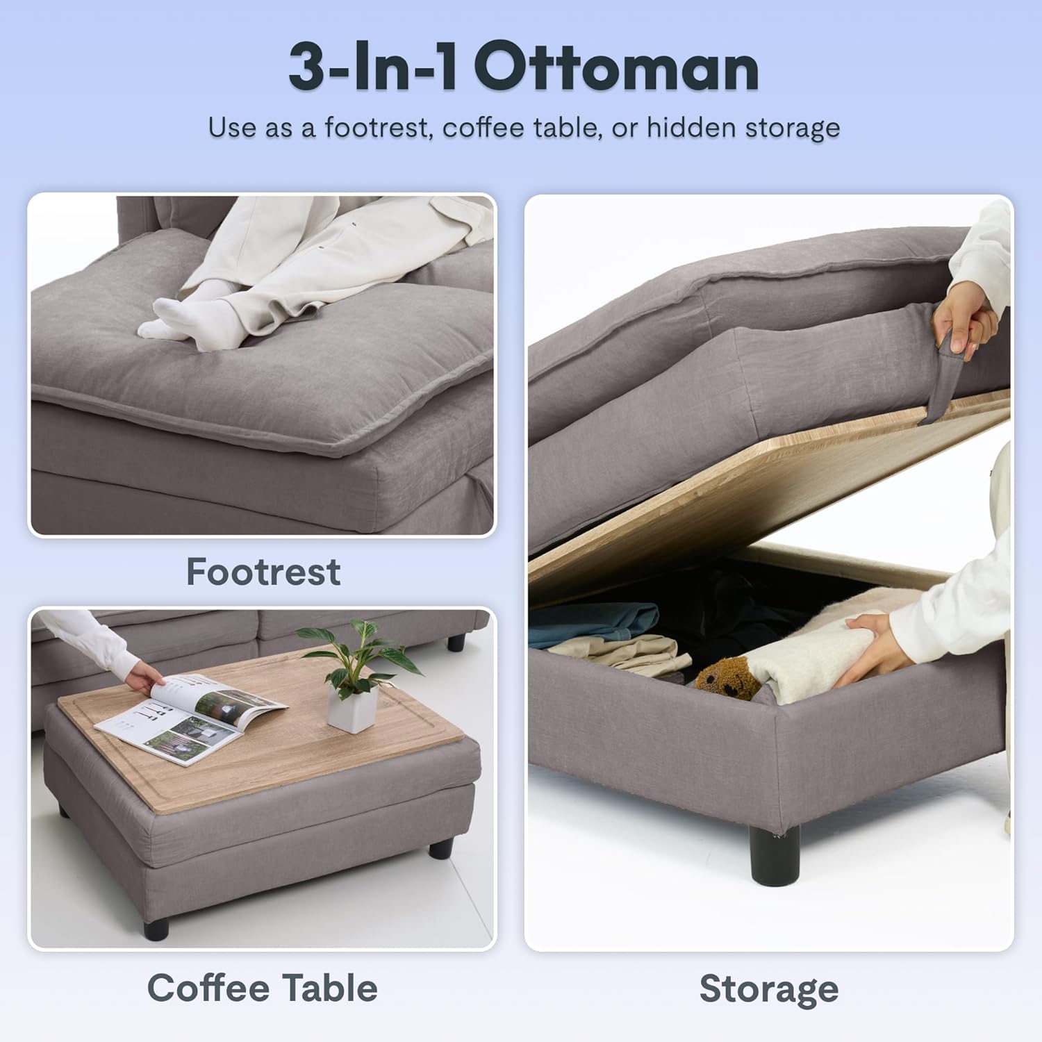 Three images showing the ottoman used as a footrest, a coffee table, and with its hidden storage compartment open.