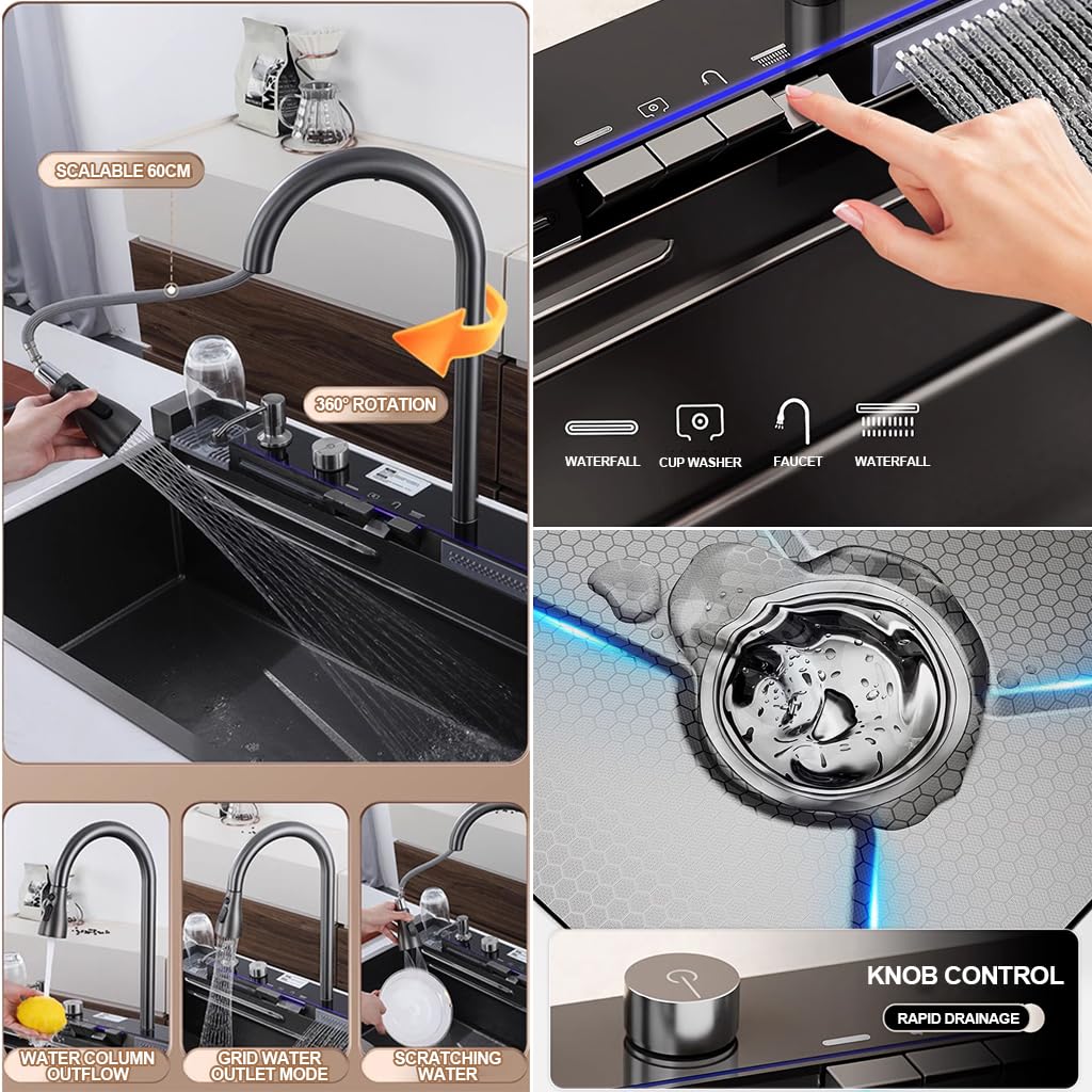 90x50 cm Lavello Cucina 1 Vasca,Lavello Da Cucina A Cascata In Acciaio Inox,Lavandino Cucina Nero Antracite,Lavelli da Cucina Con Rubinetto Estraibile,Sifone,Dispenser Sapone,Lavello Mobile E Tagliere