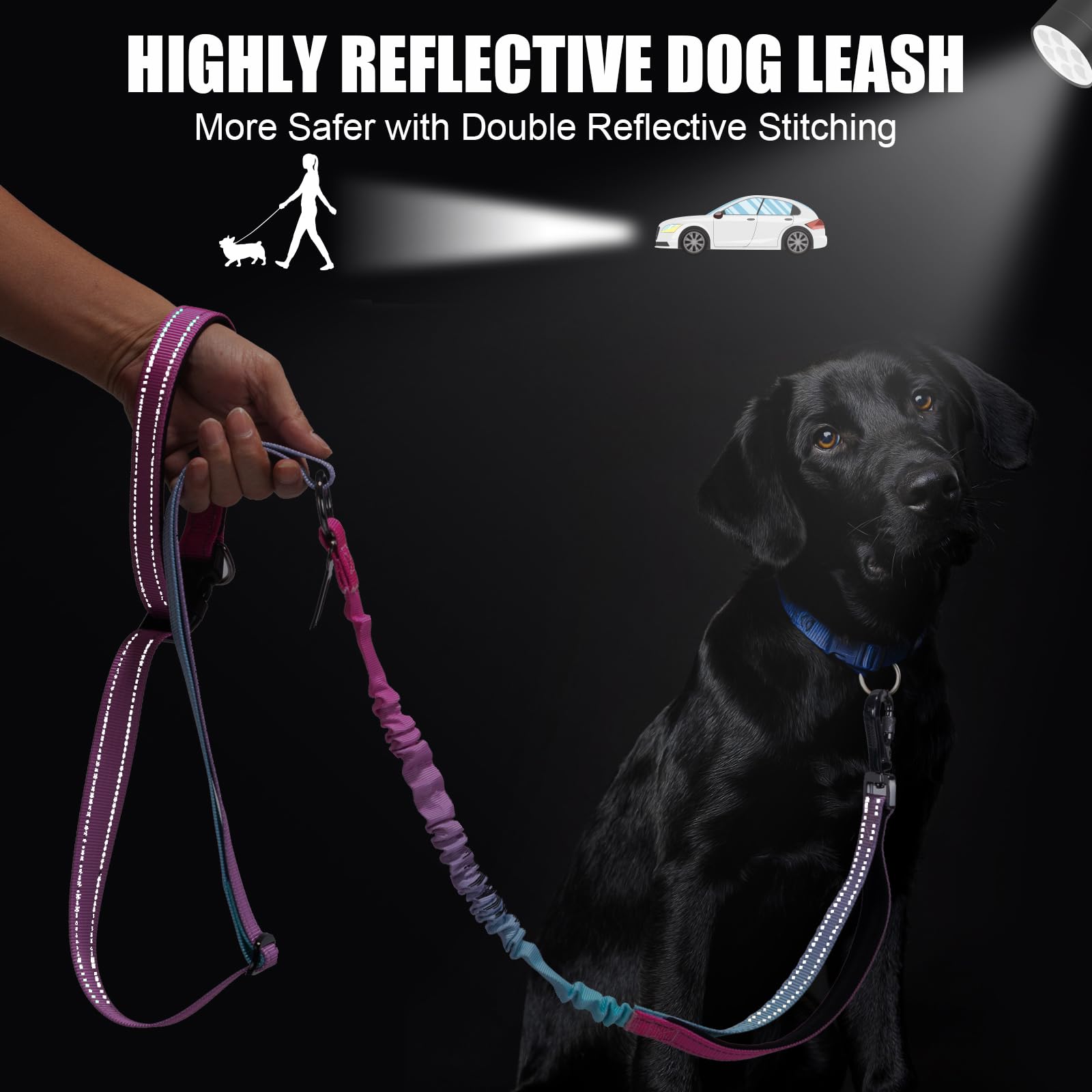 Correa de perro resistente manos libres, cinturón reflectante ajustable de 5 a 7 pies con asas acolchadas, elástico que absorbe los golpes y cinturón de seguridad para perros grandes y medianos