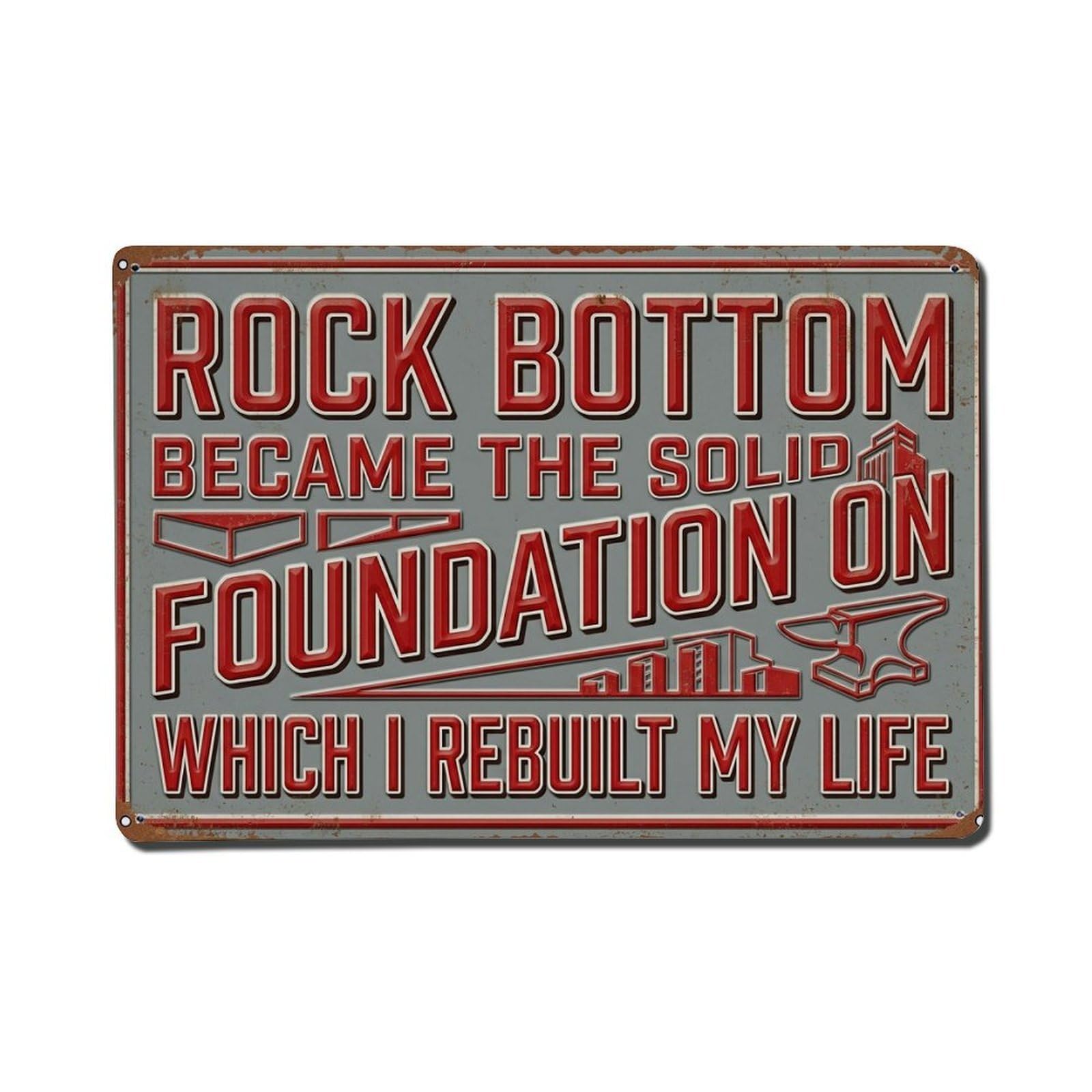 Rock Bottom Solid Basement Retro Motivational Slogans Metal Tin Sign Plaque Wall Decor for Cafe, Club Bar, Office, Home Garden Metal Poster 8x12Inch
