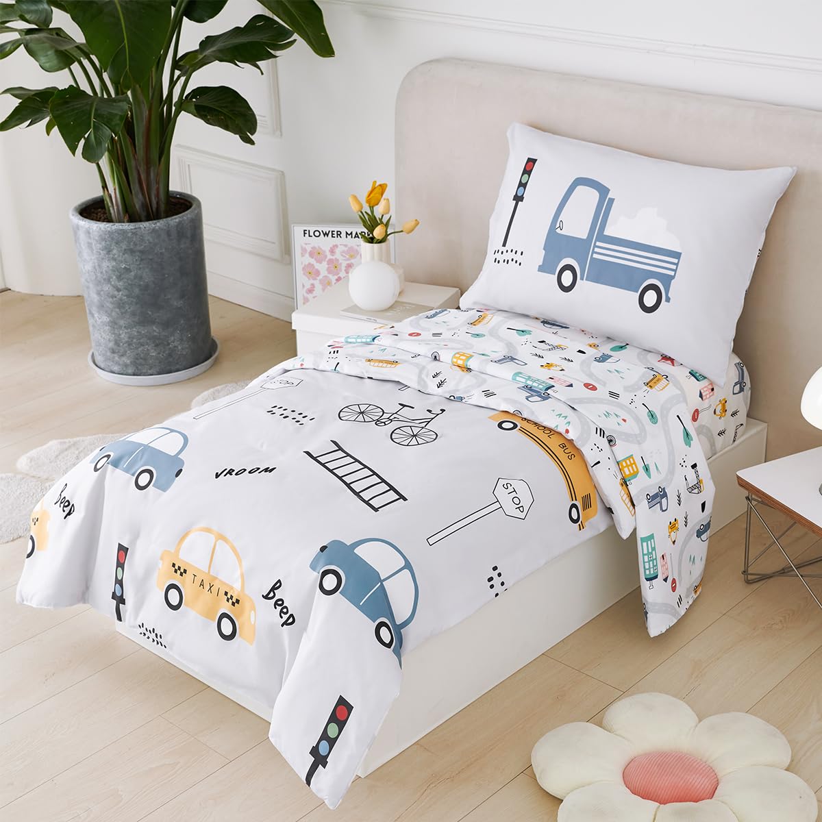 STYHO Duvet Cover Sets Double Reversible Light Grey Taxi Cars Bedding Ultra Soft Microfiber Vehicles Kids Duvet Bedding Set for All Season(Light Grey - Image 2