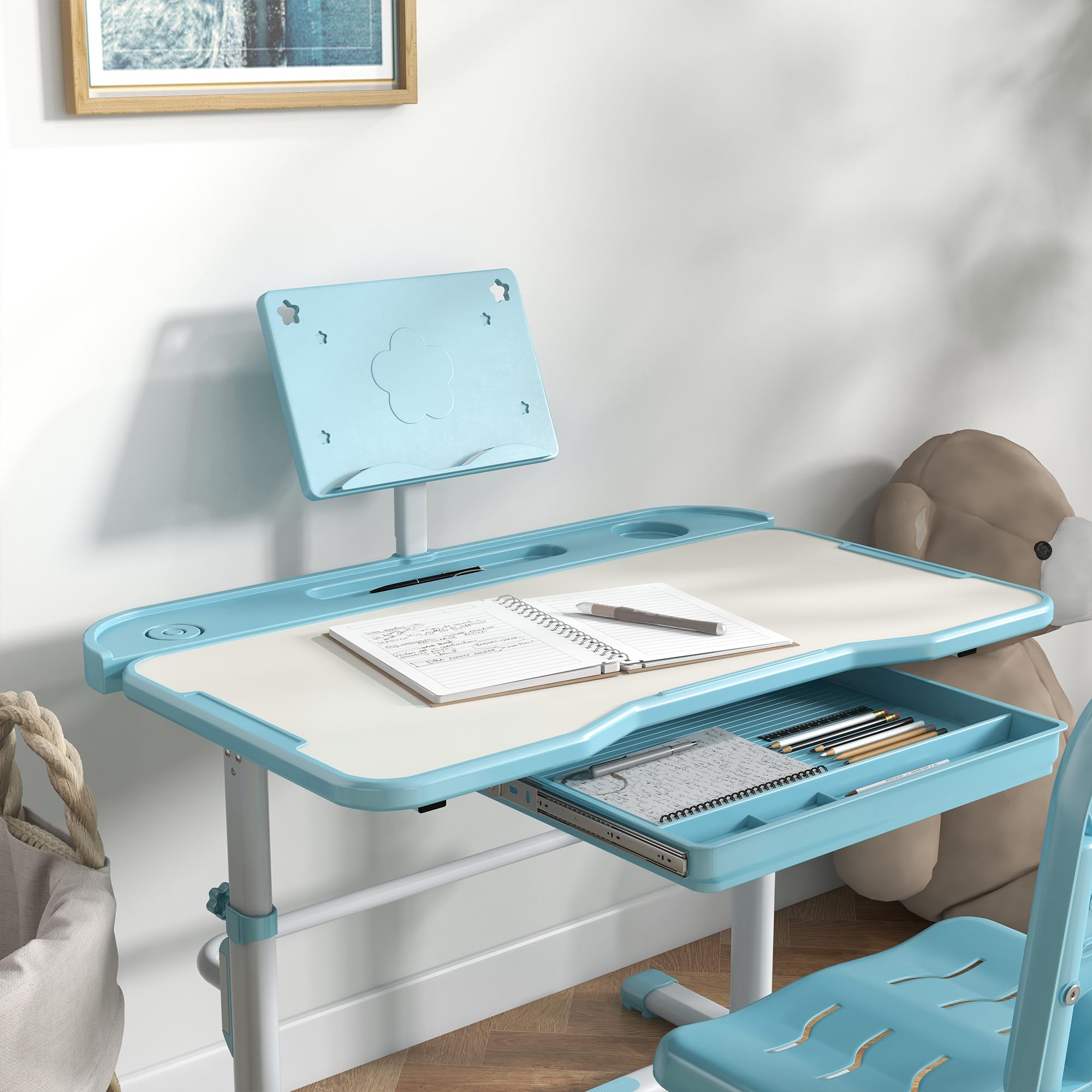 ZONEKIZ Juego de Escritorio y Silla para Niños de 6-12 Años Pupitre Infantil Altura y Ángulo Ajustable con 1 Cajón y 1 Estante para Libros 80x49,5x82-104 cm Azul y Blanco