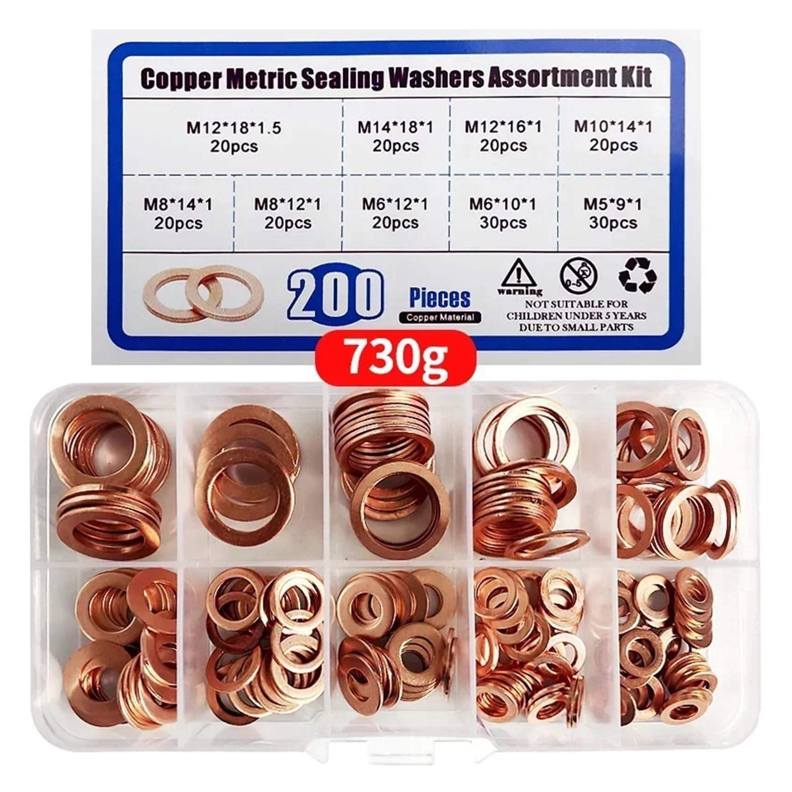 200 piezas/caja de arandelas de sellado métricas de cobre de 9 tamaños: kit surtido de arandelas planas M5 M6 M8 M10 M12 M14(1 BOX)