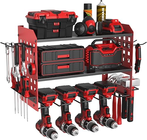Miniatura 11 de Organizador de herramientas eléctricas, hierro resistente, estante de almacenamiento de 3 capas con 4 soportes para taladro, estante flotante