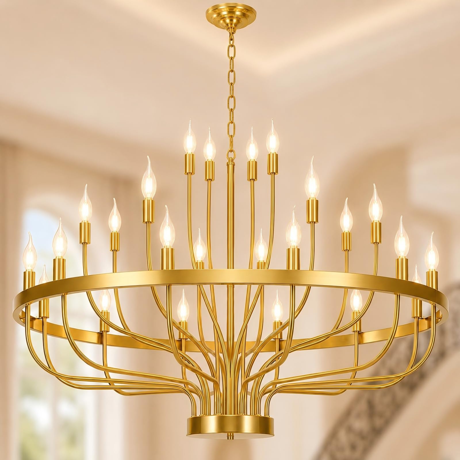 Shandaglo Large Gold Chandelier 24-Light, 39in Wagon Wheel