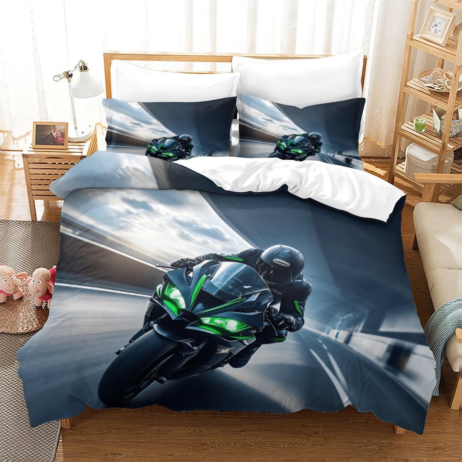 XiaopangXY Moto Racing Luxe Duvet Cover Set Hidden Zipper Motorcycle Quilt Cover Set with Pillowcases Bedding Set Soft Microfiber Comforter Cover for Kids & Adults King（220x240cm）