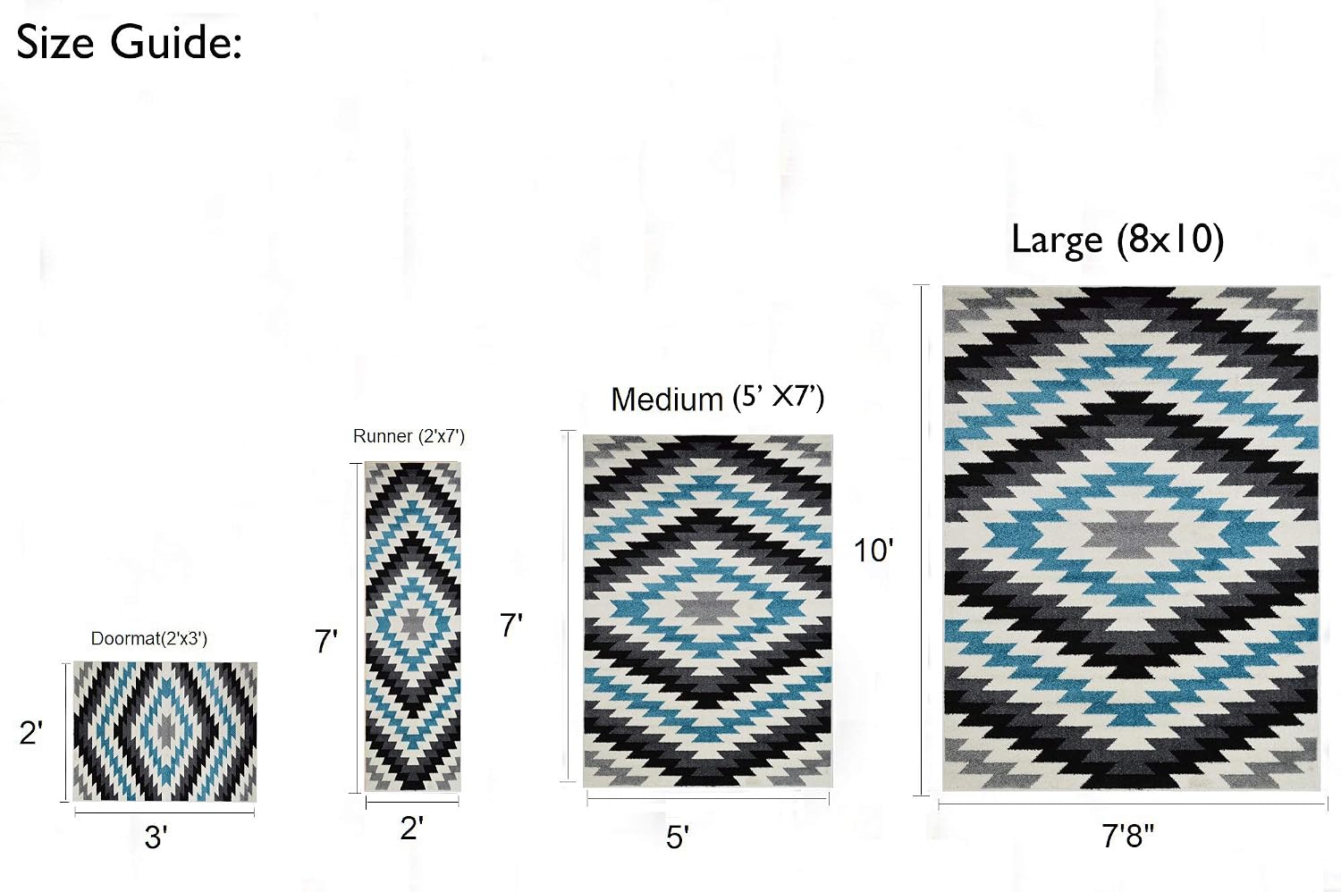 HR Rug Southwestern Inspired Modern Faded Tribal Floorcover Area Rug Turquoise Gray Black and White