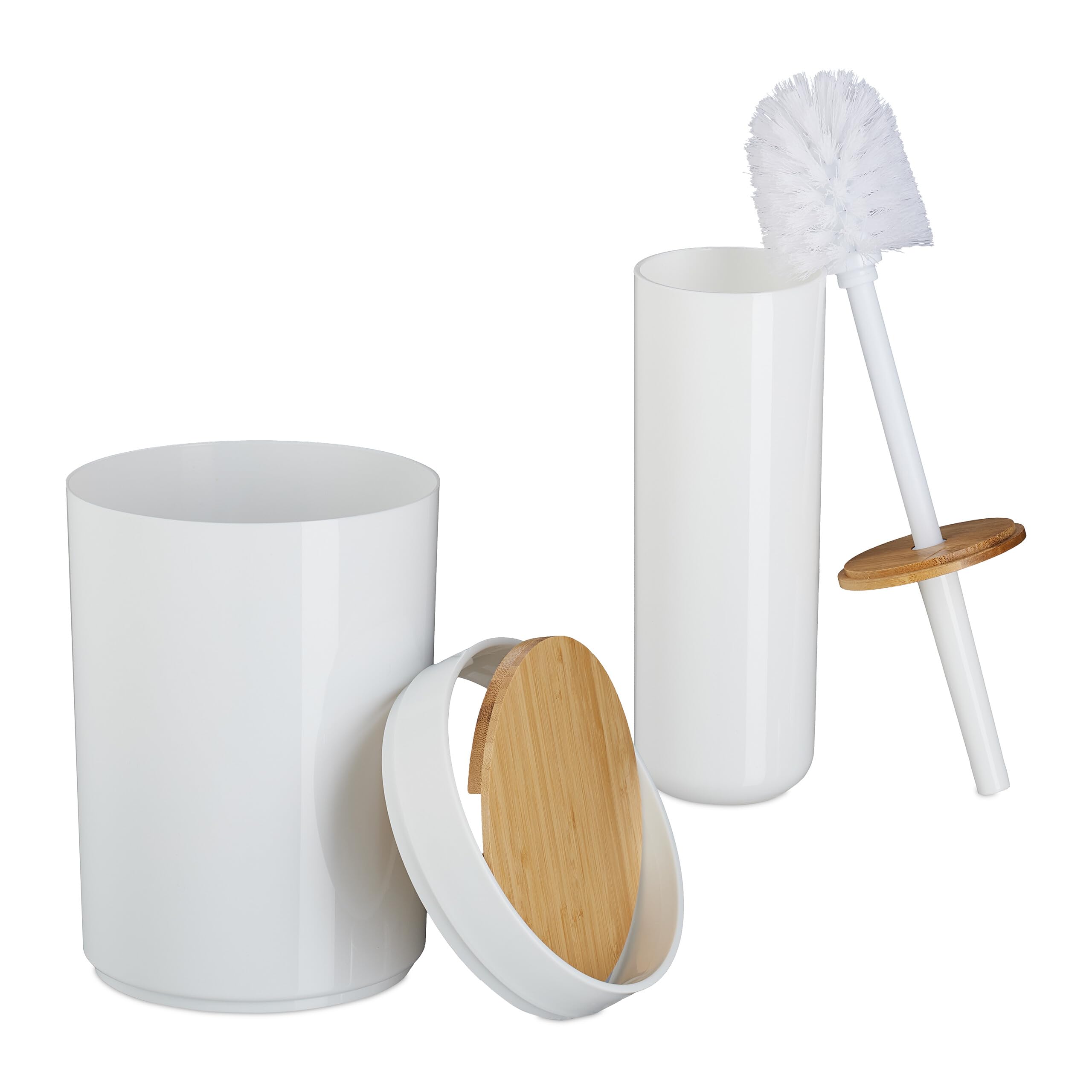 Relaxdays Set Bagno 7 Accessori, Cestino, Scopino WC, Portasapone, Saponetta, Portaspazzolino, Plastica e bambù, Bianco