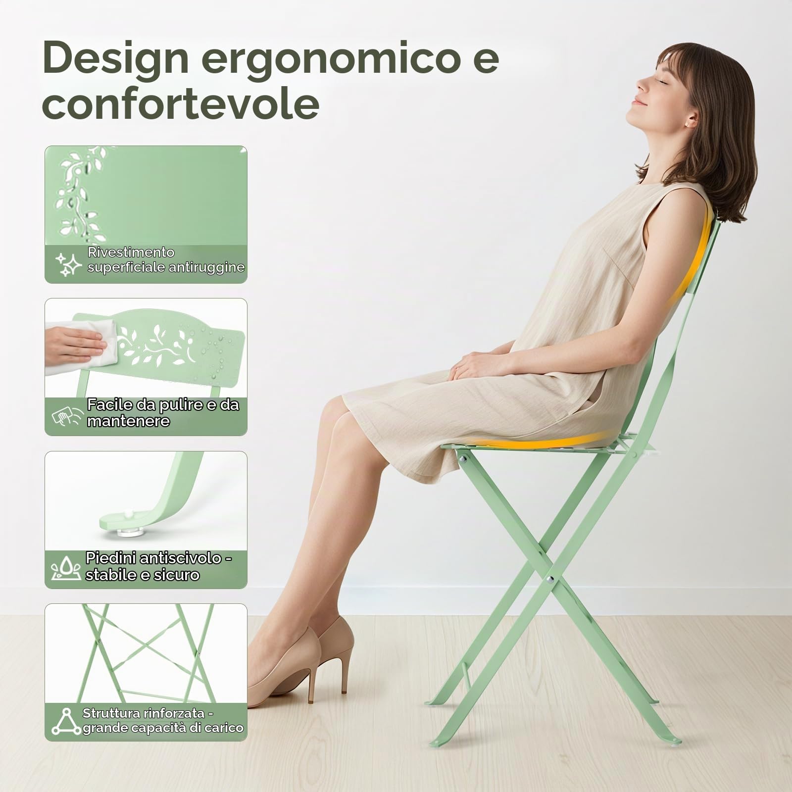 VINGLI Set Bistrò Pieghevole, Tavolino da Balcone con 2 Seide, Tavolo e Sedie da Esterno, Balcone e Terrazza (Verde Chiaro, Modello Traforato, Senza Cuscino)