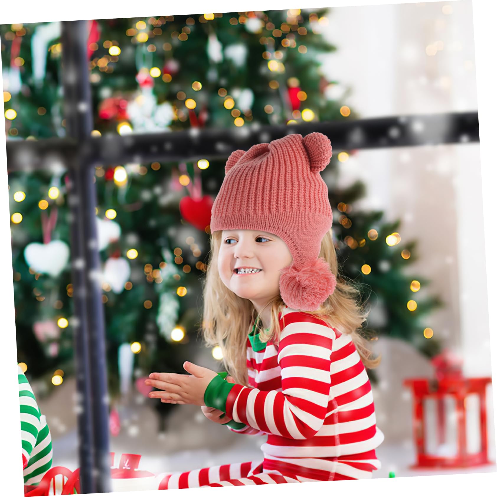 FAVOMOTO Winter Warm Hat for Kids Toddler Bear Ear Cap Knitted Decorative Windproof Comfortable Practical Pink