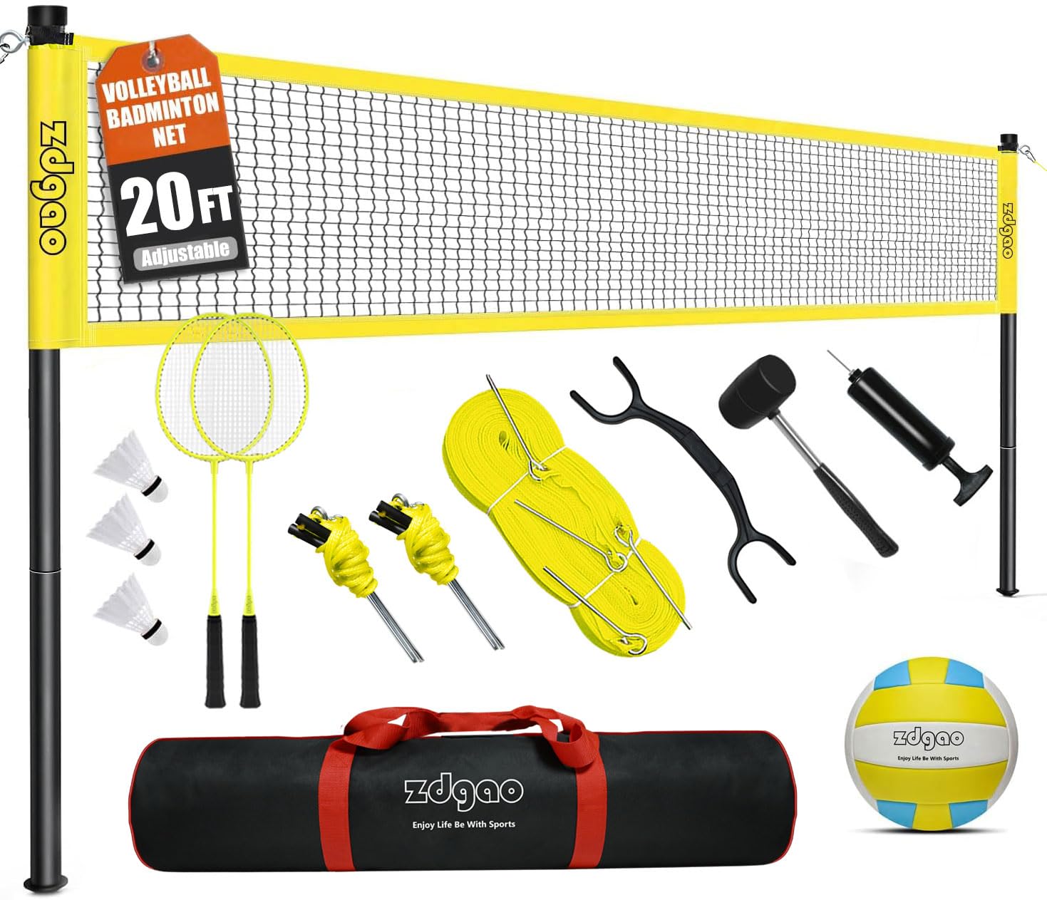 Zdgao Volleyball and Badminton Combo Set for Backyard - 20FT/32FT Volleyball/Badminton Net with Adjustable Height Pole,Anti-Sag System,Volley Ball, Badminton Racquets,Boundary Line and Carry Bag