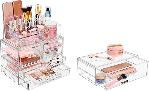Sorbus Paquete de organizador de maquillaje incluye 1 torre de maquillaje extragrande y 1 organizador de maquillaje con 1 cajón extraíble
