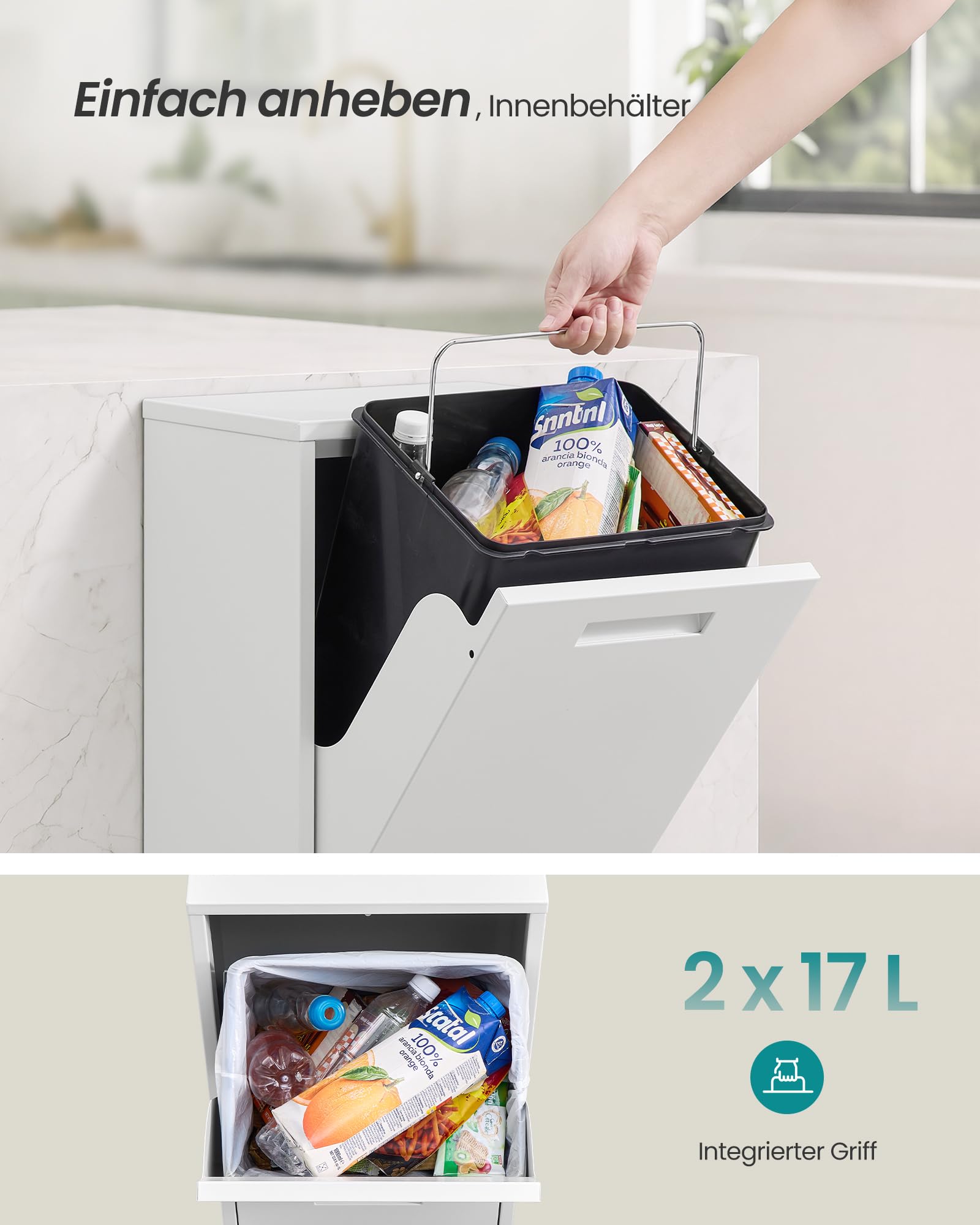 SONGMICS Mülleimer Küche 2 x 17 L Mülltrennsystem