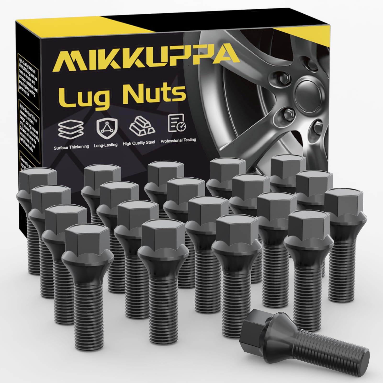 20 Stück MIKKUPPA Radschrauben Radbolzen M12x1,5 - Schaftlänge: 26mm, Kegelbund 60°, Schlüsselweite: 17mm (Schwarz)