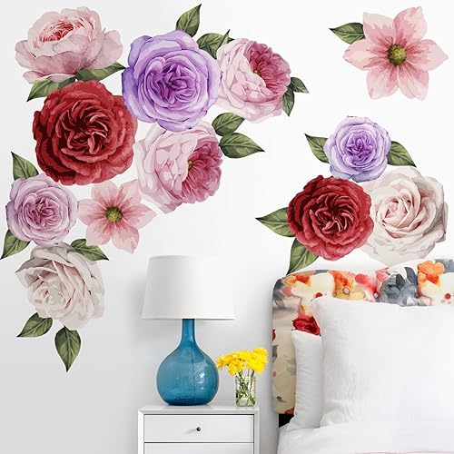 Amaonm - 12 calcomanías de pared de flores sin pegamento de 9.5 x 9.5 pulgadas, diseño de margaritas blancas grandes, peonías coloridas, calcomanías