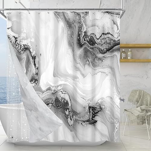 Miniatura 8 de Cortina de ducha sin gancho con forro a presión, mármol azul, textura moderna de tinta grieta, cortina de ducha de doble capa, tela impermeable,
