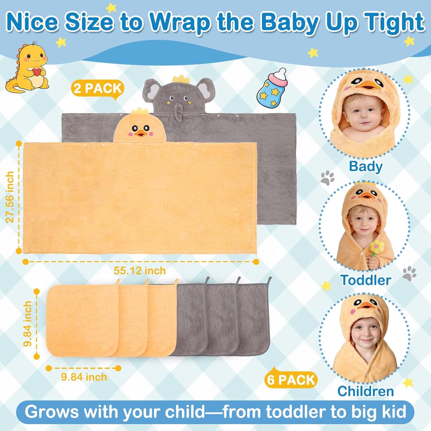 Flasoo 8 Pcs Toddler Towel Set, 2 Pcs Hooded Toddler Bath Towel, Large 55" x 27.5" Toddler Hooded Towel & 6 Pcs Baby Washcloths for Boy Girl 0-5 Year, Soft Gift for Babies, Infant, Newborn Essential