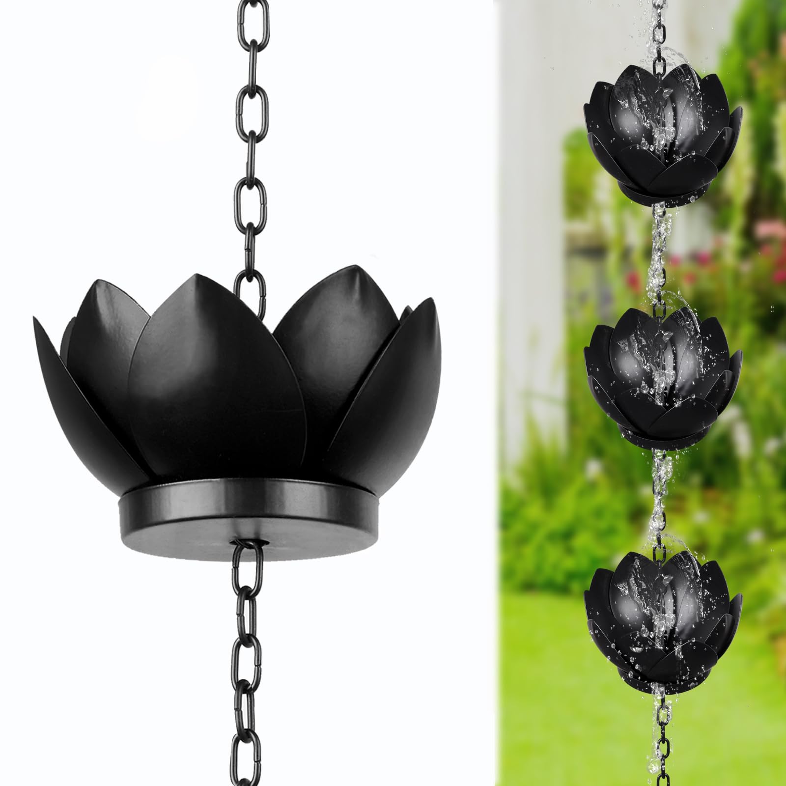mumisuto Rain Chains, Metal Rain Catcher Chain for Eaves Drainage, Lotus Shape Downspouts 50.39in Hanging Rain Chain Garden Ornament, Adjustable Rain Chain for Outdoor Decor Gutters
