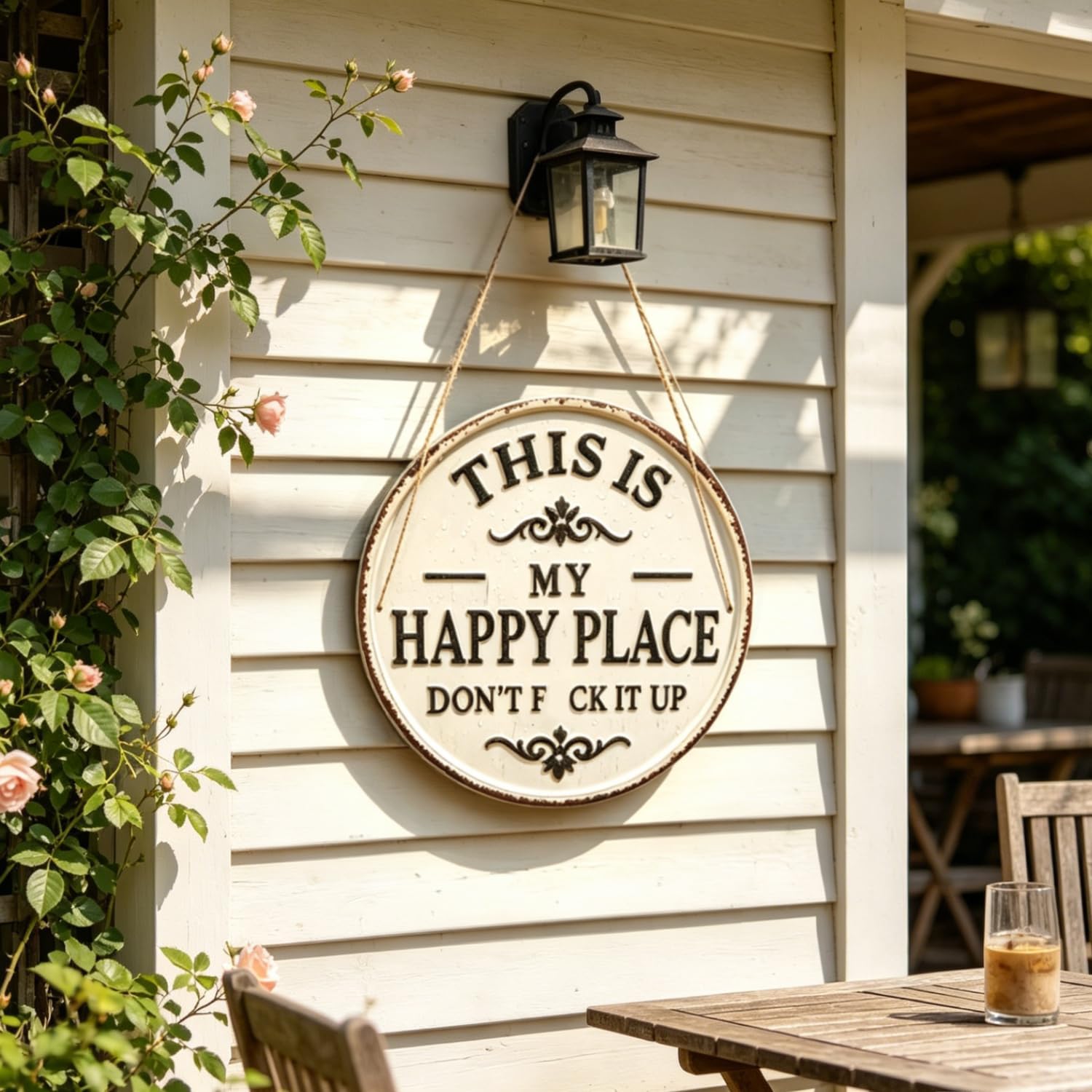 Vintage Metal Garden Sign - "This Is My Happy Place" Funny Retro Sarcastic Decor, Rustic Round Wall Plaque for Patio, Porch, Coffee,Backyard, Farmhouse, Unique Humorous Outdoor Decor Gift for Garden Enthusiasts(2PC,12 * 12in) image 5