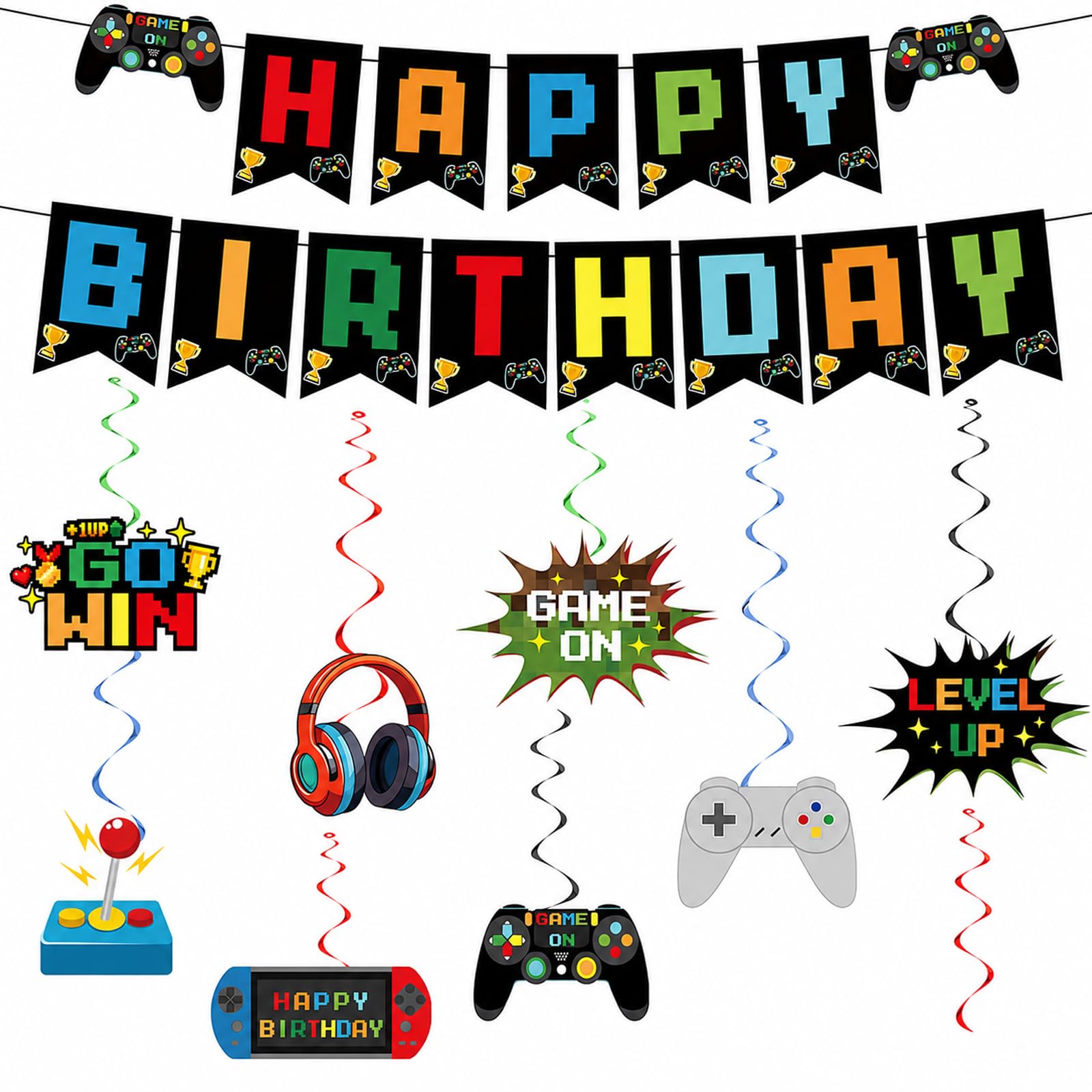 Bolosa Gaming Birthday Banner and Hanging Swirls Set