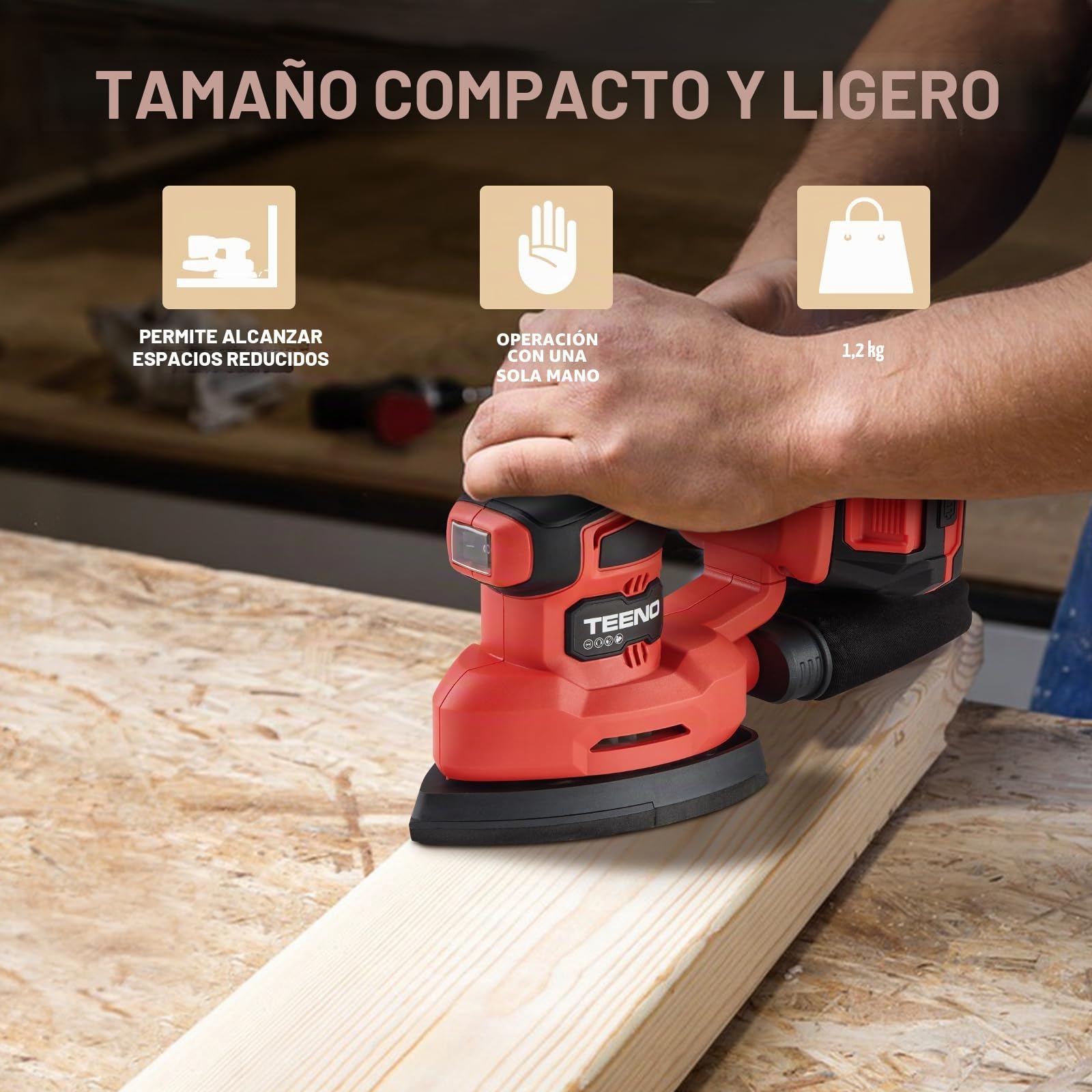 TEENO Lijadora inalámbrica con batería 3 en 1, lijadora Delta de 20 V con batería de 2 A, lijadora de detalles de 13000 rpm con bolsa de recogida de polvo, 15 hojas de papel abrasivo, 140 x 96,6 mm