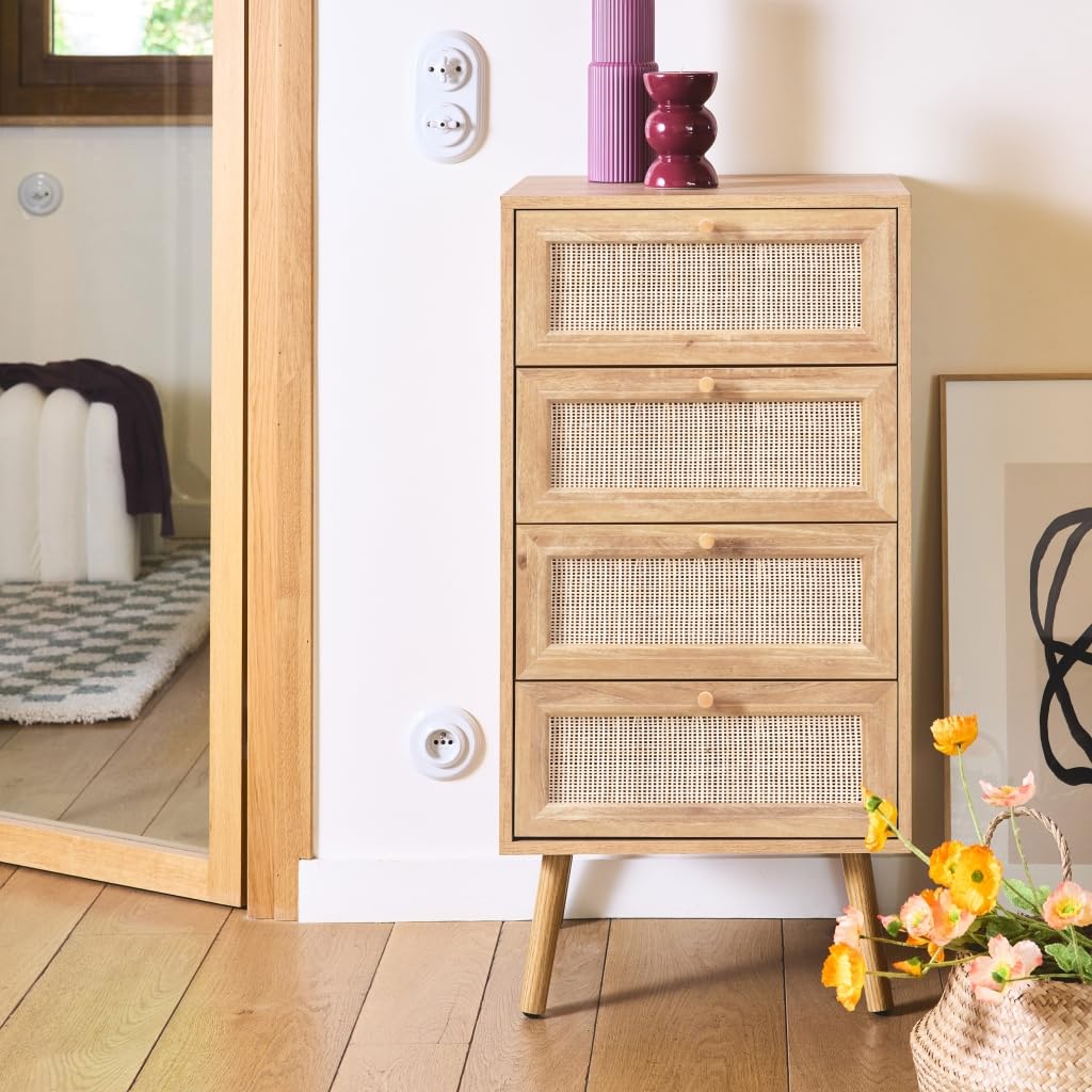 sweeek - Commode chiffonnier 4 tiroirs décor Bois et cannage